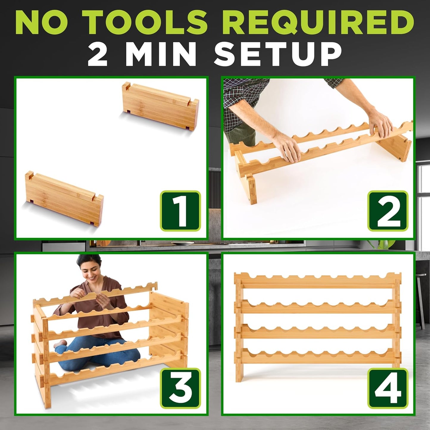 NutriChef Bamboo Stackable Wine Rack, 4-Tier 36 Bottle Capacity Wine Racks Free Standing Floor, No Tools Assembly, Modular Storage Display Shelf for Kitchen and Cellar 33.5" x 10" x 21"