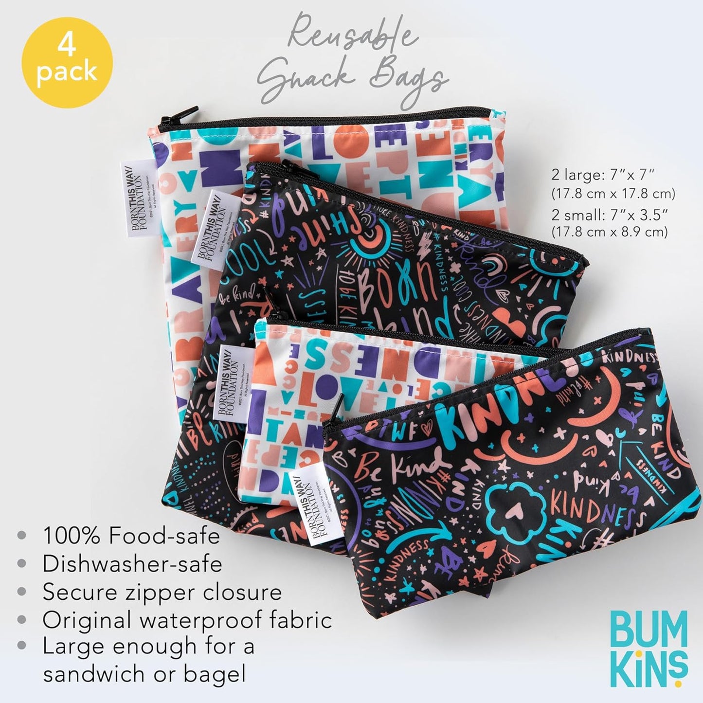 Bumkins - Cloth Snack & Sandwich Bags - For Storage, Travel, Food Prep, Lunch - Reusable, Water Resistant, Washable, Dishwasher Safe - Snack Bags for Kids - Zipper Closure - BTWF Kindness - 4 Pack
