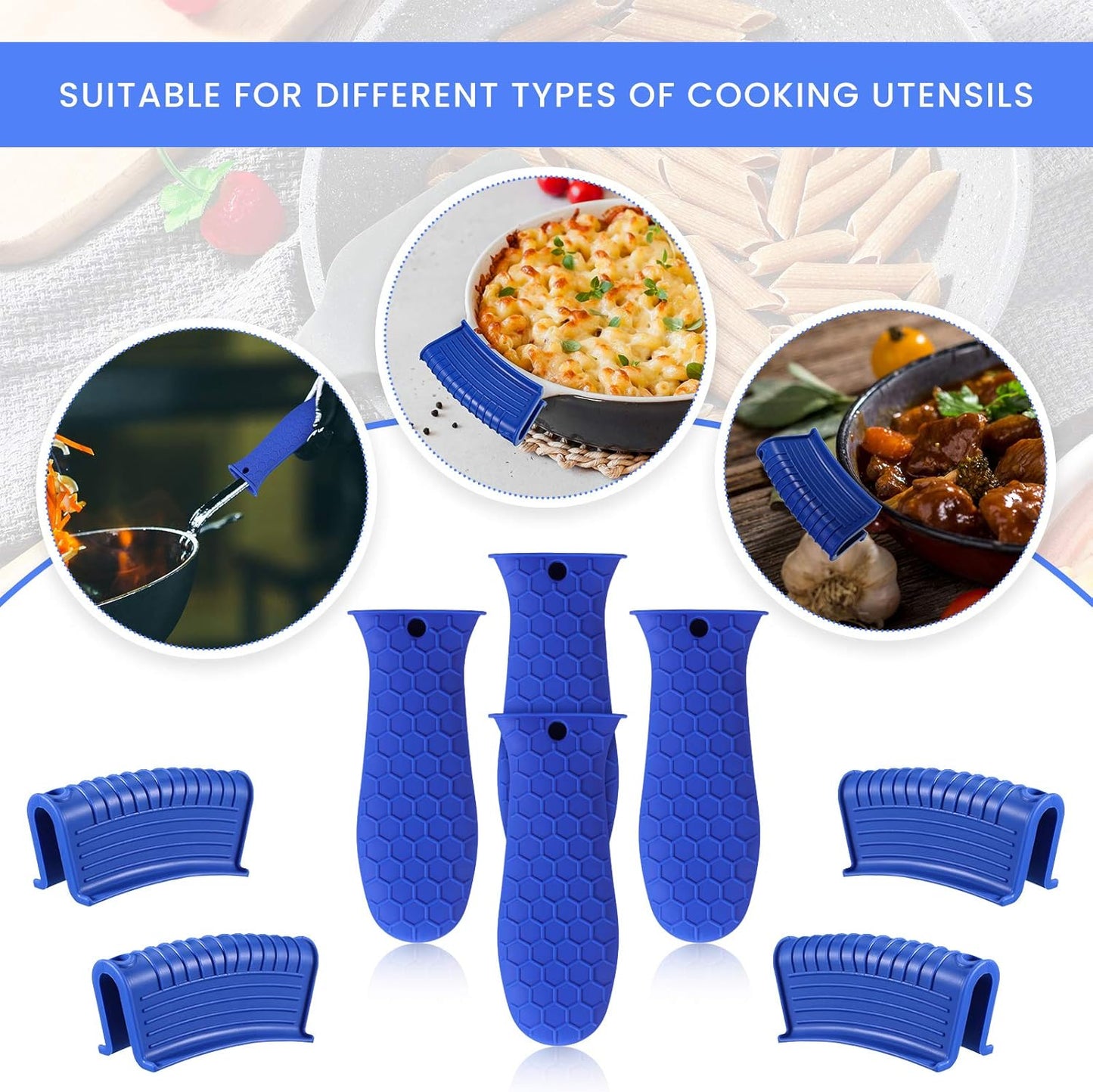 Patelai 8 Pcs Silicone Pot Holders Set Cast Iron Handle Cover Heat Resistant Pot Handle Covers Potholder Non Slip Reusable Pan Sleeve for Frying Pan Kitchen Supplies(Blue)