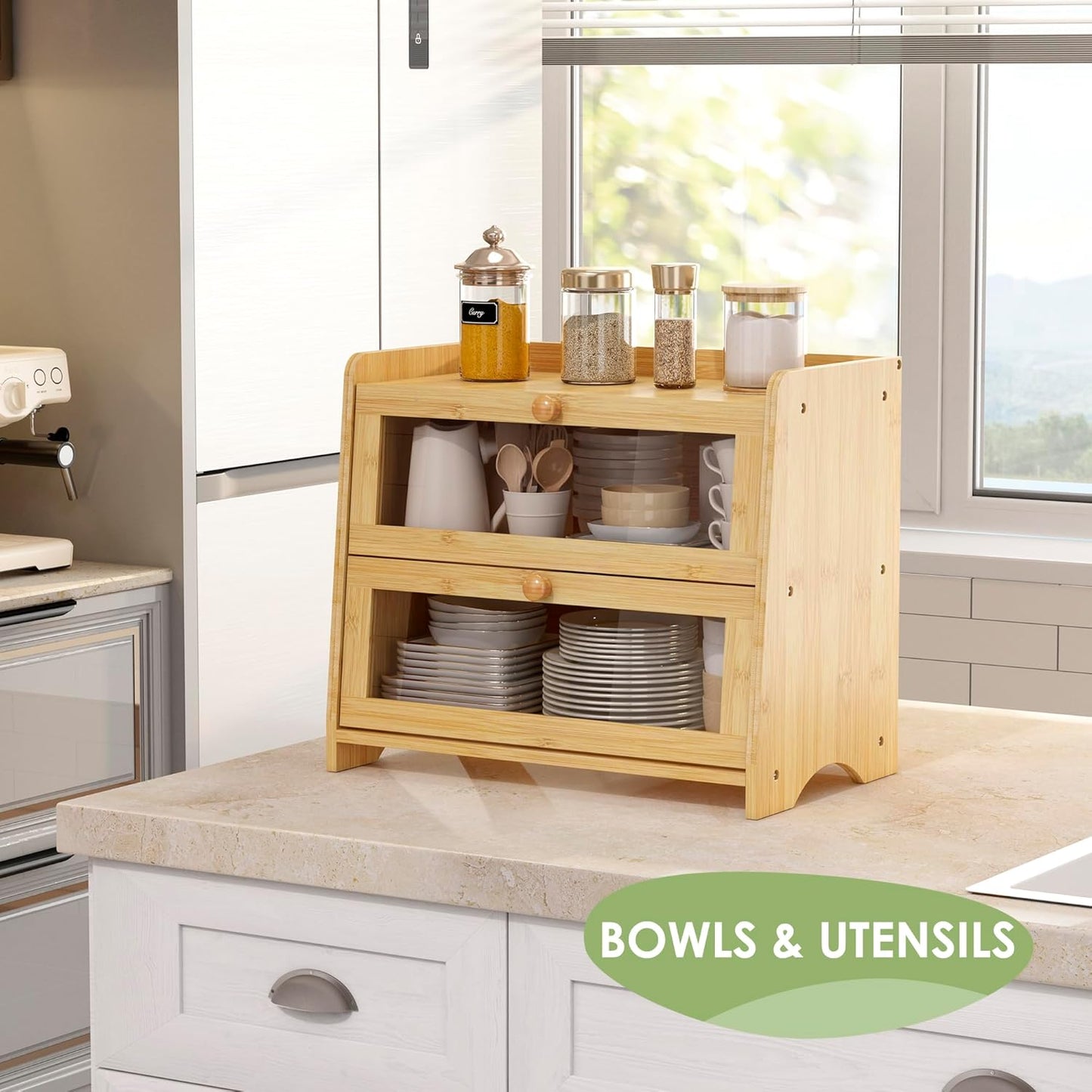 Double Layer Bread Box for Kitchen Countertop, Large Breadbox Bread with Windows, Wooden Farmhouse Bread Holder (Natural Bamboo)