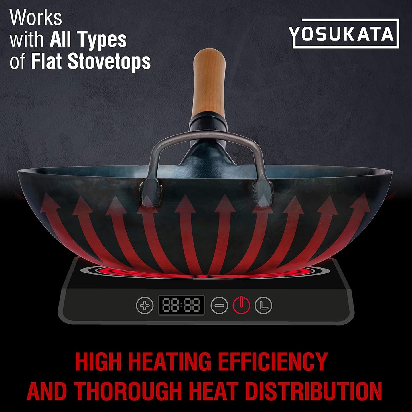 YOSUKATA 13.5” Blue Carbon Steel Wok Pan – Pre-Seasoned Flat Bottom Wok Compatible with open fire, gas, electric, ceramic, induction cooktops -Traditional Chinese Pan for Stir Fry, BBQ, Grill, Camping