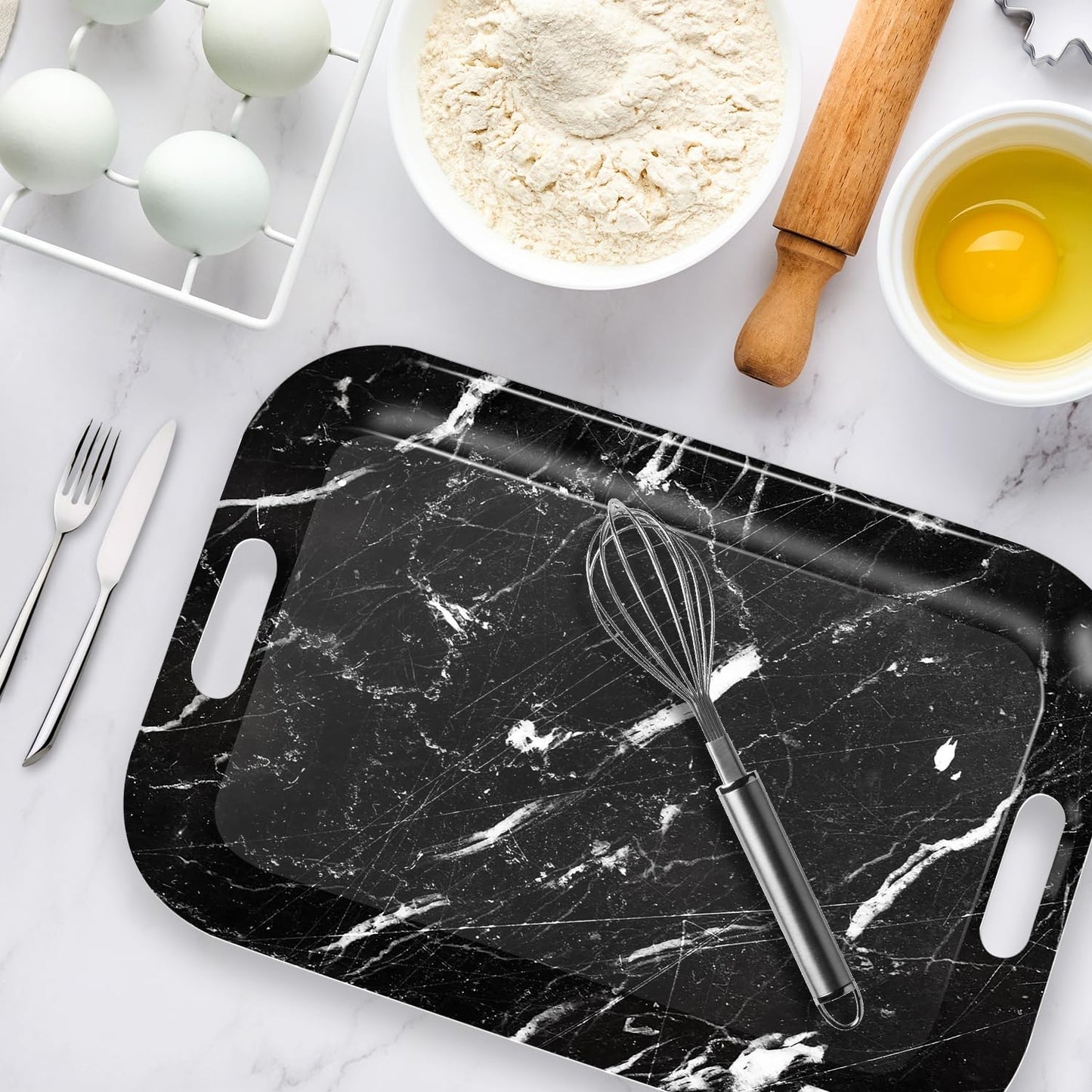 Serving Trays with Handles, 14.5 x 9.8 inch Rectangular Plastic Tray for Restaurant, Kitchen, Black Marble