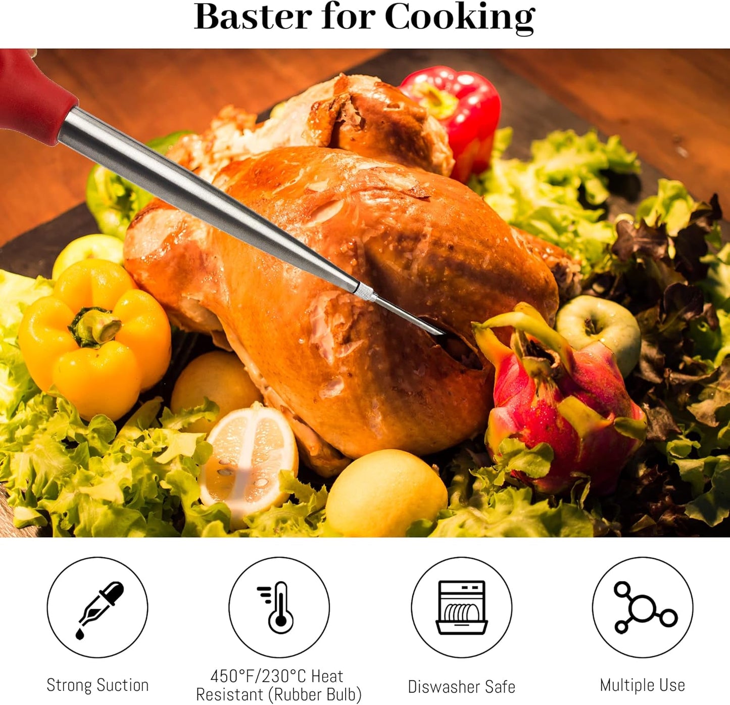 Turkey Baster Syringe for Cooking, Large Stainless Steel Meat Injector, with Cleaning Brush and 2 Marinade Needles, Red