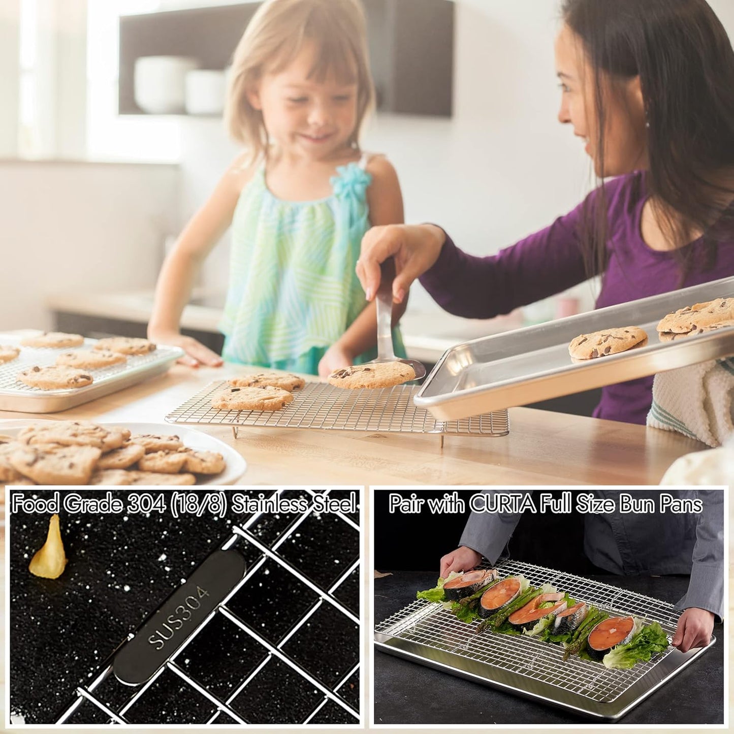 CURTA 2 Pack Chef Cooling Rack,NSF Listed 18/8 Stainless Steel Oven Safe Grid Wire Cookie Cooling Racks for Baking & Cooking - 16.8" X 24.4" Commercial Grade comes with Lifting Handle …