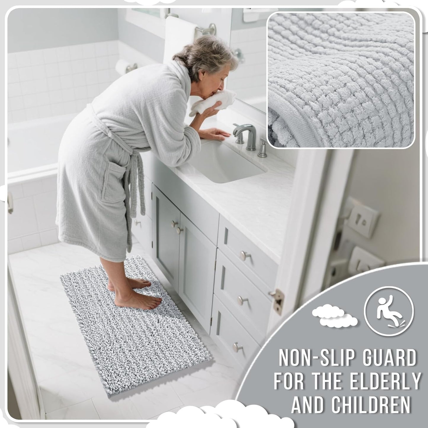 Yimobra Bathroom Rugs Non Slip Washable 24x17 Inch - Ultra Soft Absorbent Chenille Bath Mat, Quick Dry Shaggy Floor Carpet for Tub Shower, Silver Home Decor Accessories