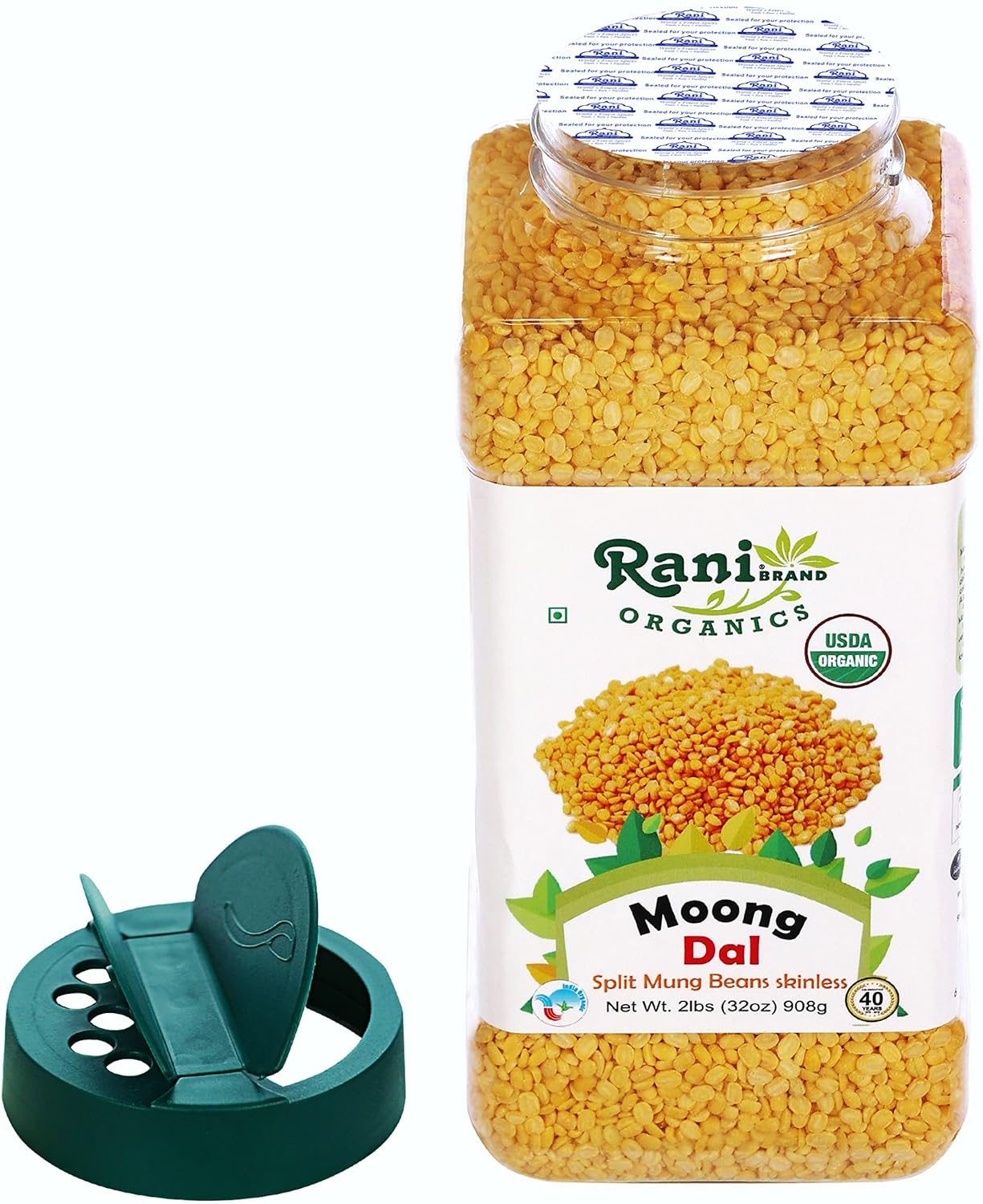 Rani Organic Moong Dal (Split Moong Beans Skinless) Indian Lentils 32oz (2lbs) 908g PET Jar ~ All Natural | Vegan | Gluten Friendly | NON-GMO | Indian Origin | USDA Certified Organic