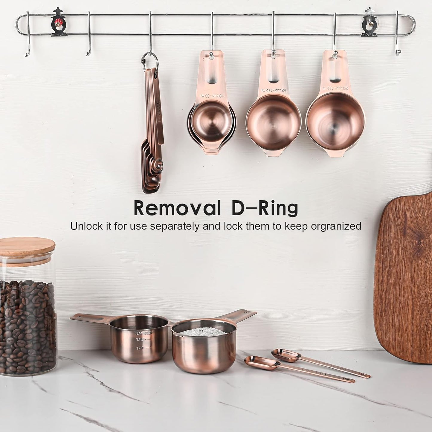 Copper Measuring Spoons Set, 10-Piece Stainless Steel Measuring Spoons Set with Leveler, Metric&US Metal Measuring Spoon -1/16, 1/8, 1/4, 1/3, 1/2, 3/4 Tsp, 2/3 Tbsp Long Spoons for Spice Jar