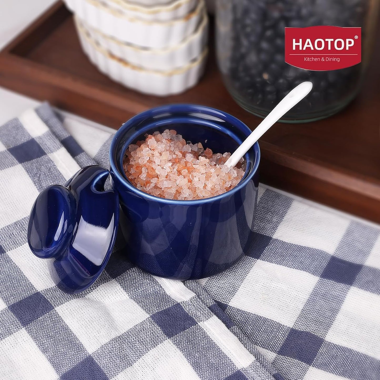 HAOTOP 8 oz Sugar Bowl with Lid and Spoon,Ceramic Sugar Jar Sugar Dispenser Sugar Container Coffee Bar Accessories, Kitchen Countertop Canisters (Navy)