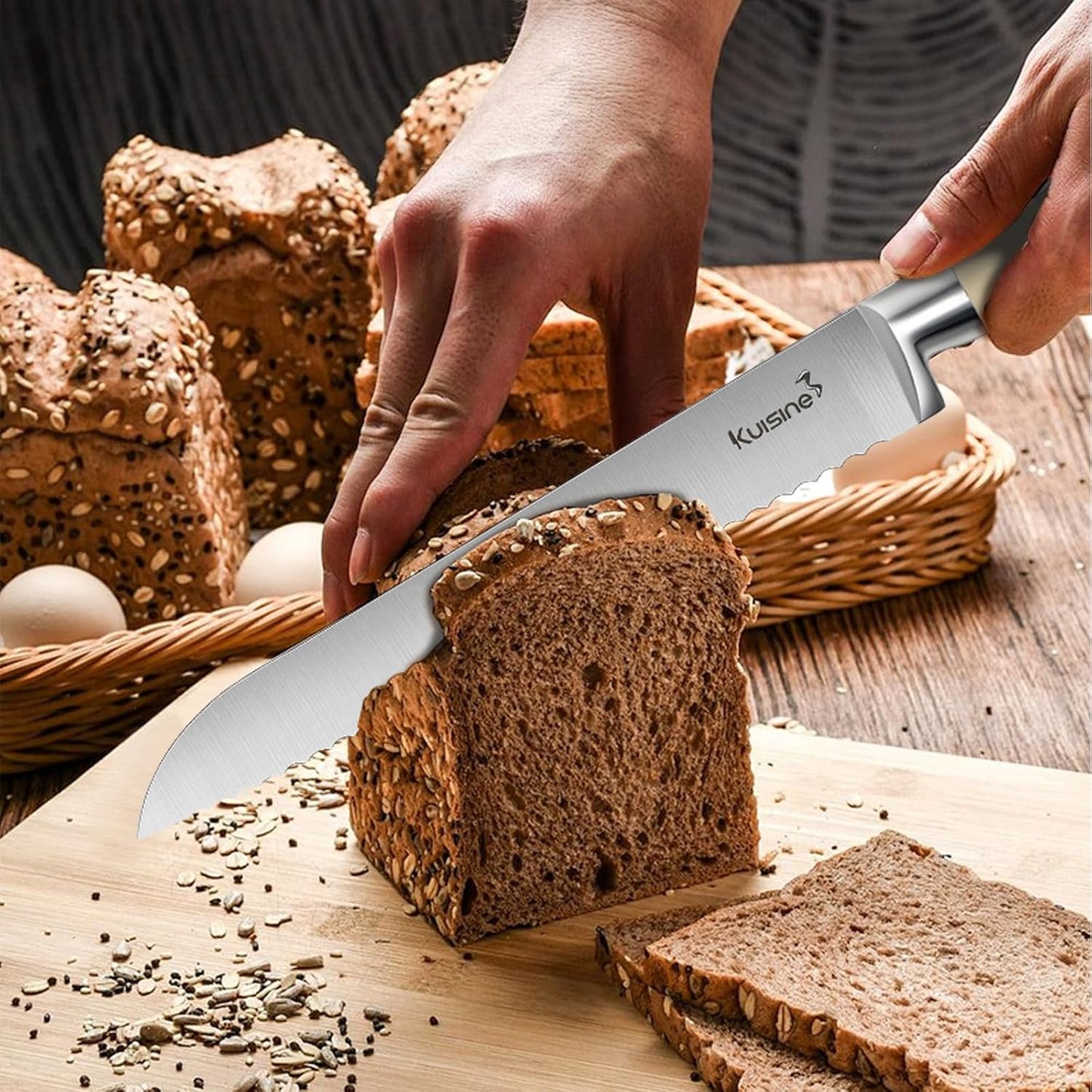 Kuisine Premium Sharp Knife Set,High Carbon Stainless Steel Ergonomic Handle,Knife Block Set with Built-in Sharpener(15PCS,Ivory)