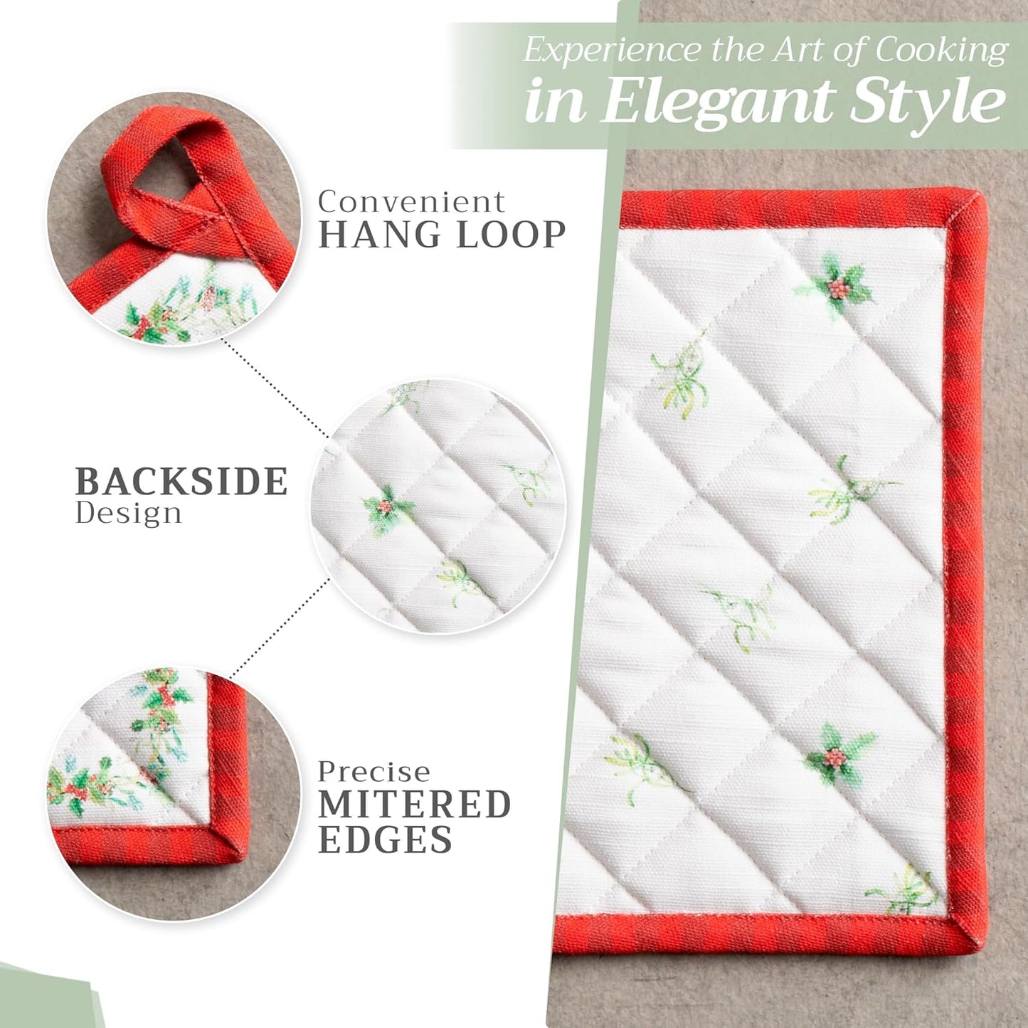 Maison d' Hermine 100% Cotton Oven Mitt & Pot Holder Set (7.5"x13" & 8"x8") Heat Resistant BBQ Cooking Gloves with Loop, Baking, Grilling, Kitchen, Handling Hot Pans (Christmas Tradition)