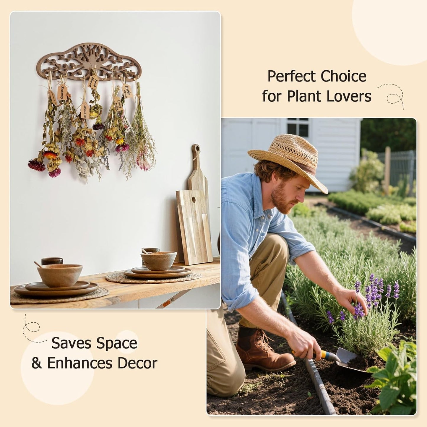 Liitrton Herb Drying Rack Hanging, Wall-mounted Drying Rack for Herbs, Wooden Tree Decor Design, Holds 11 Hooks with Rope and Kraft Labels, Space-saving Plant Herb Flower Dryer, Wall Art Decor