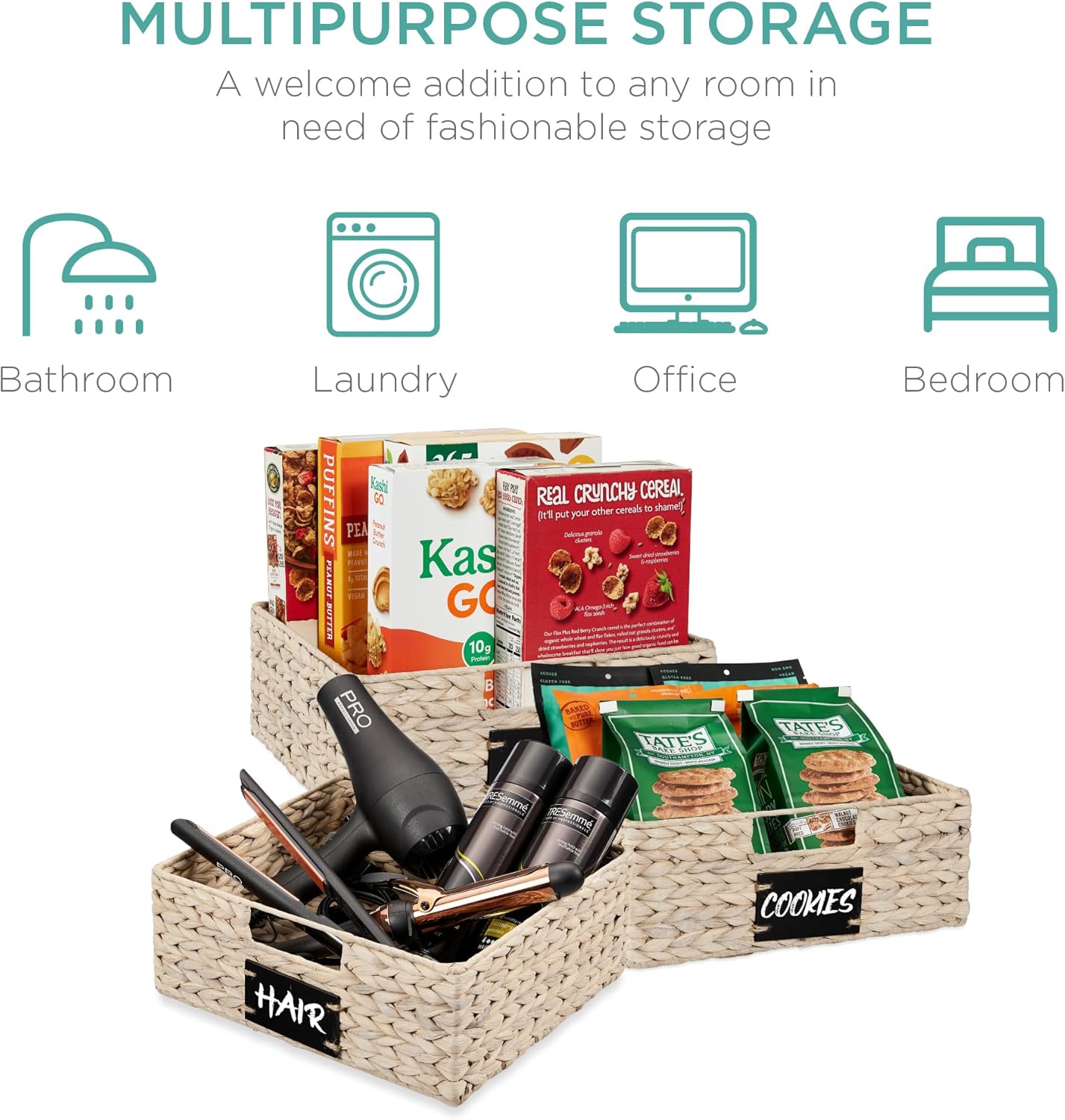 Best Choice Products Set of 4 13x12in Water Hyacinth Pantry Baskets, Woven Organizers w/Chalkboard Label, Chalk Marker - White