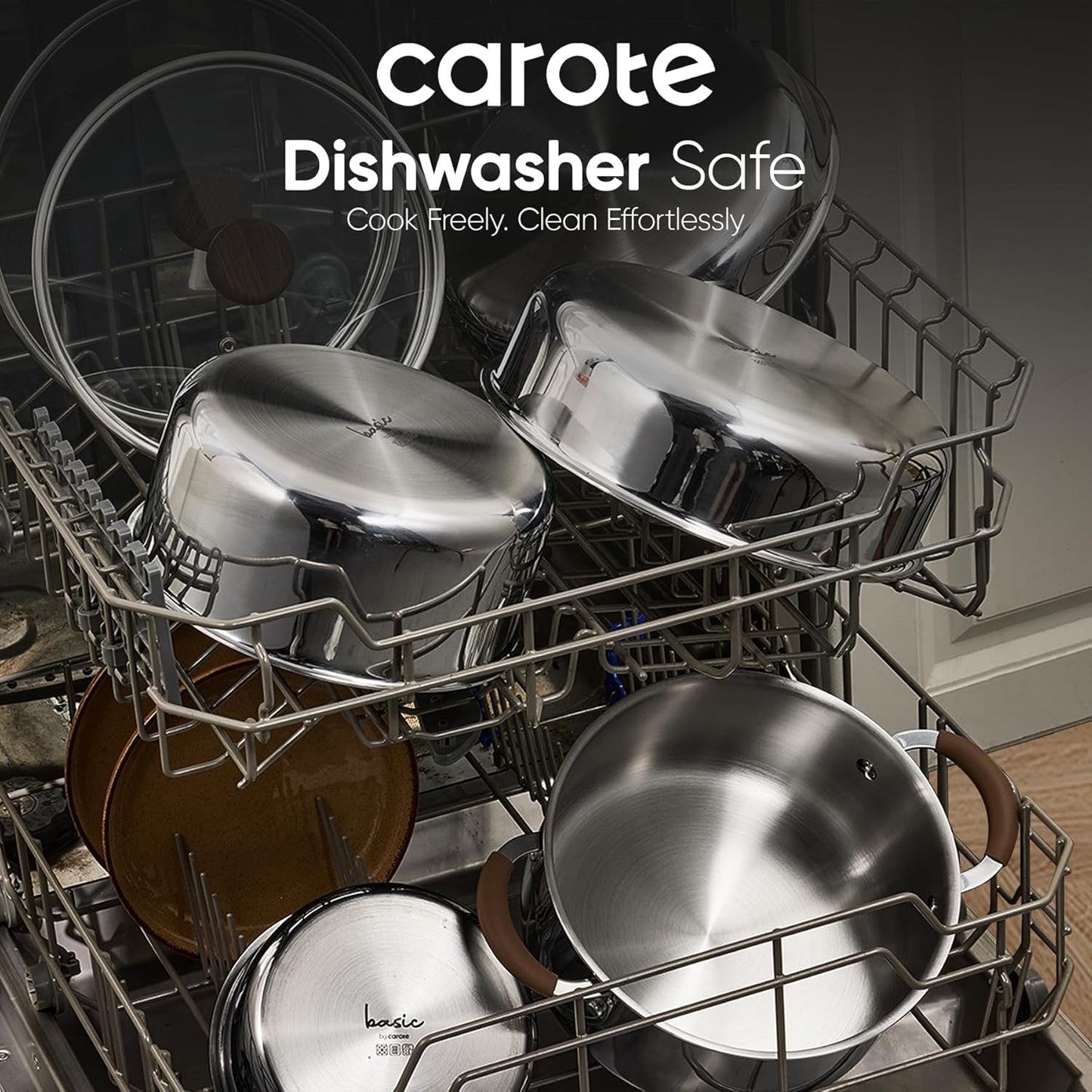 CAROTE Stainless Steel Sauce Pan with Detachable Handle, 1.5QT&2QT&3QT 8pcs Saucepan with Lid, Stainless Steel Pot, Nonstick Induction Kitchen Cookware, Removable Handle, Oven Safe, Woodgrain