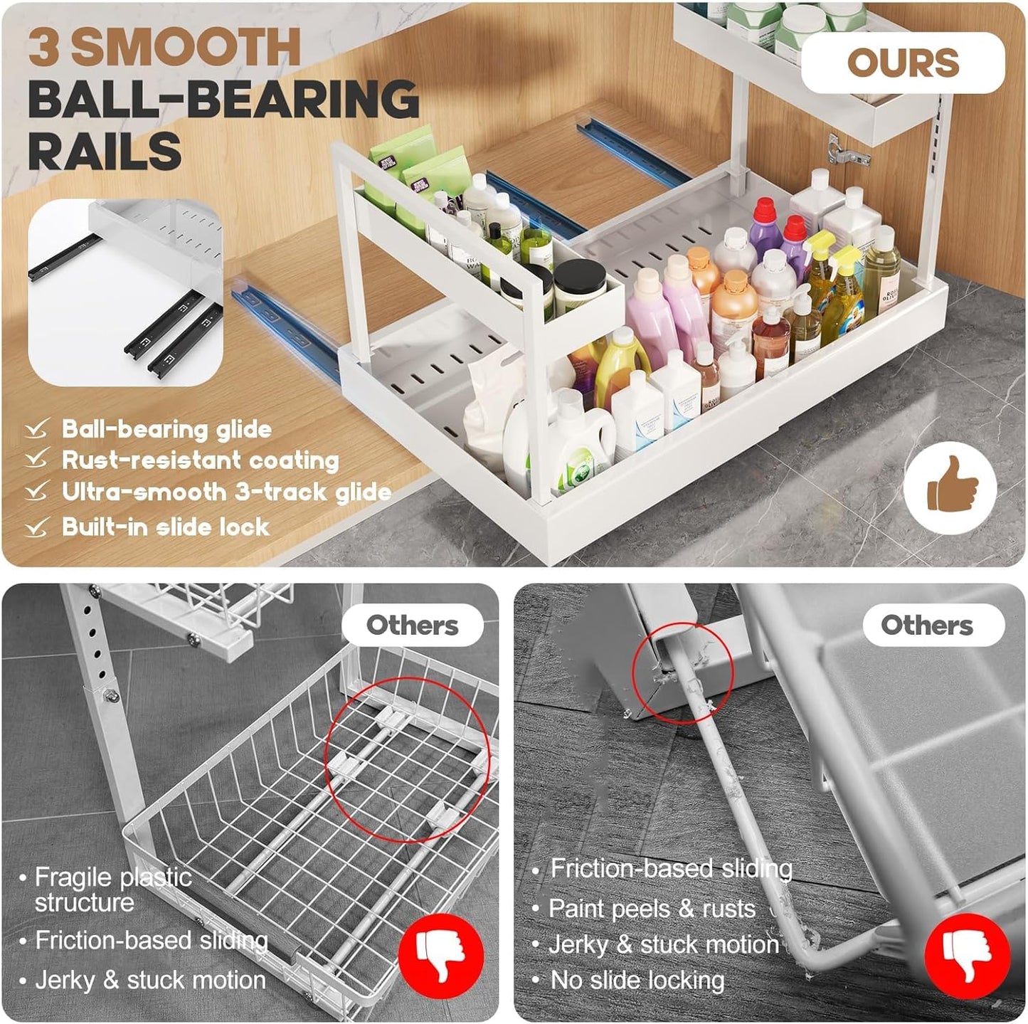 Expandable Under Sink Organizer with 3 Ball-Bearing Slide Rails, 2-Tier Pull-Out Under Cabinet Storage Shelf for Kitchen & Bathroom, Height-Adjustable Slide-Out Cabinet Drawer (White, 1-Pack)