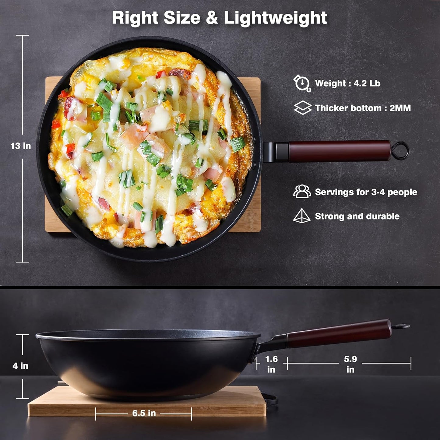 Carbon Steel Wok -13 Inch Woks & Stir-fry Pans Nonstick, Wok Pan with Lid Spatula and Dish Brush: Pre-Seasoned Flat Bottom Chinese Woks for Induction, Electric, Gas, All Stoves