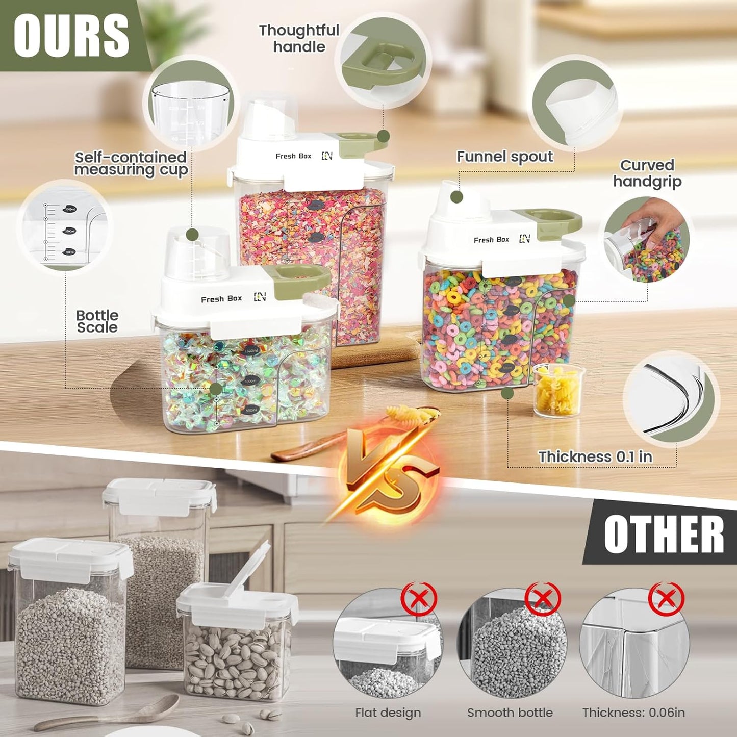 Cereal Storage Container 1Pack,85oz/2.5L Airtight Food Storage Containers With Lids,Organizers Storage With Measuring Cup for Beans,Sugar,Rice,Nuts,Snacks,Pet Food,Candy (Green, 1Pack Large Size)