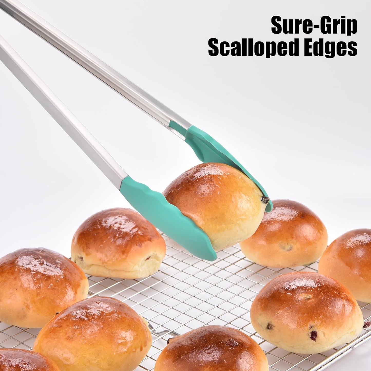 Doosu Kitchen Tongs for Cooking - 600°F Heat Resistant Food Tong with Non-Scratch Silicone Tips, Heavy Duty Stainless Steel Locking Tong for BBQ, Grilling Steak, Serving Salad, Pasta (16in, Aqua Sky)