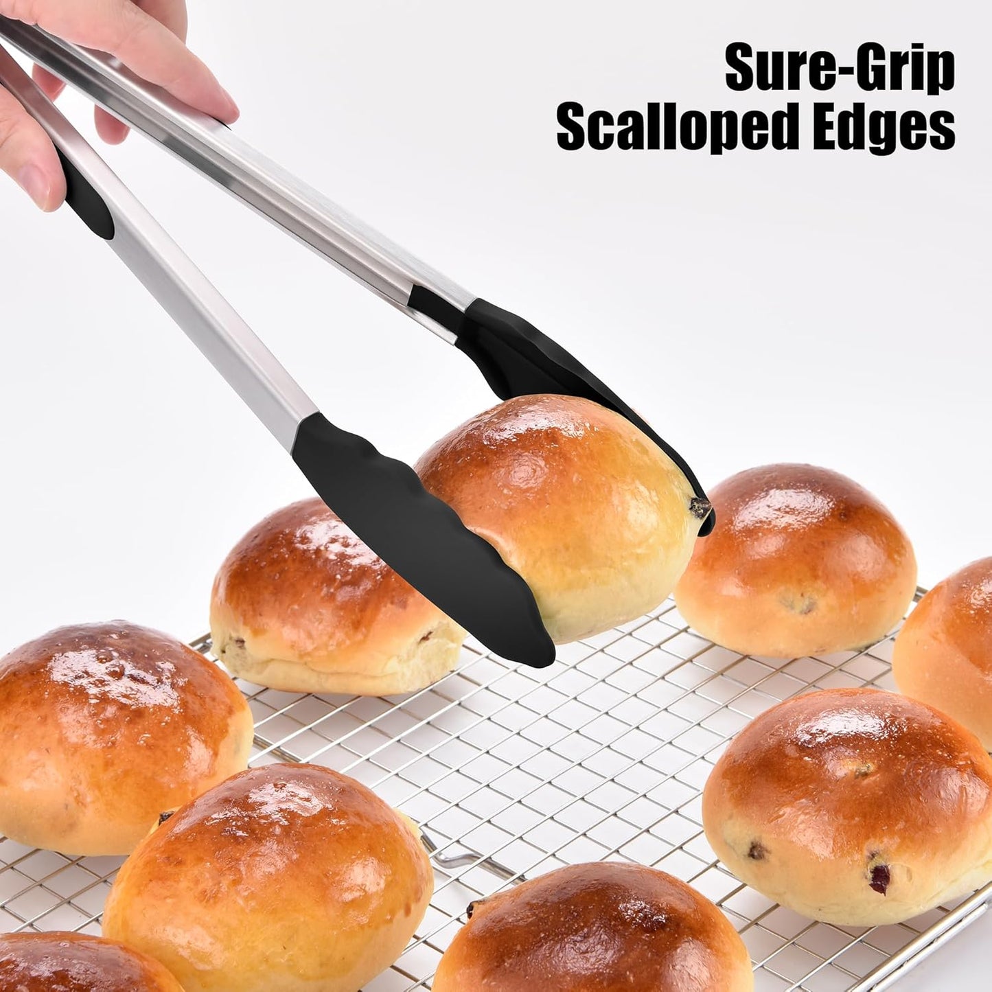 Doosu Kitchen Tongs for Cooking - 600°F Heat Resistant Food Tong with Non-Scratch Silicone Tips, Heavy Duty Stainless Steel Locking Tong for BBQ, Grilling Steak, Serving Salad, Pasta (12in, Black)