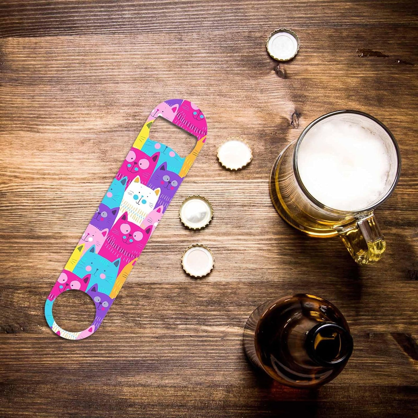 Cute Cats Stainless Steel Bottle Opener Colorful Happy Kitten Pink Blue Purple Flat Beer Bottle Opener Keychain for Home Kitchen Bar Restaurant Party Birthday Gift