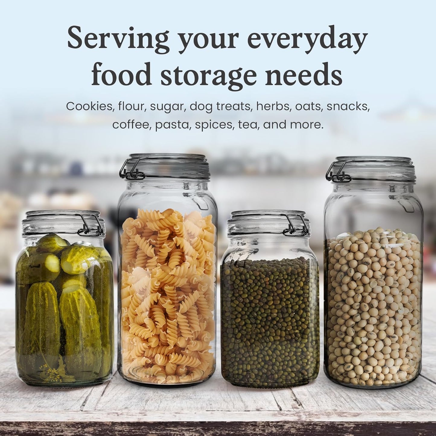 Set of 3 Glass Mason Jar with Airtight Lid 50 Ounces | Glass Storage Container for Food, Flour, Pasta, Coffee, Candy, Dog Treats, Snacks