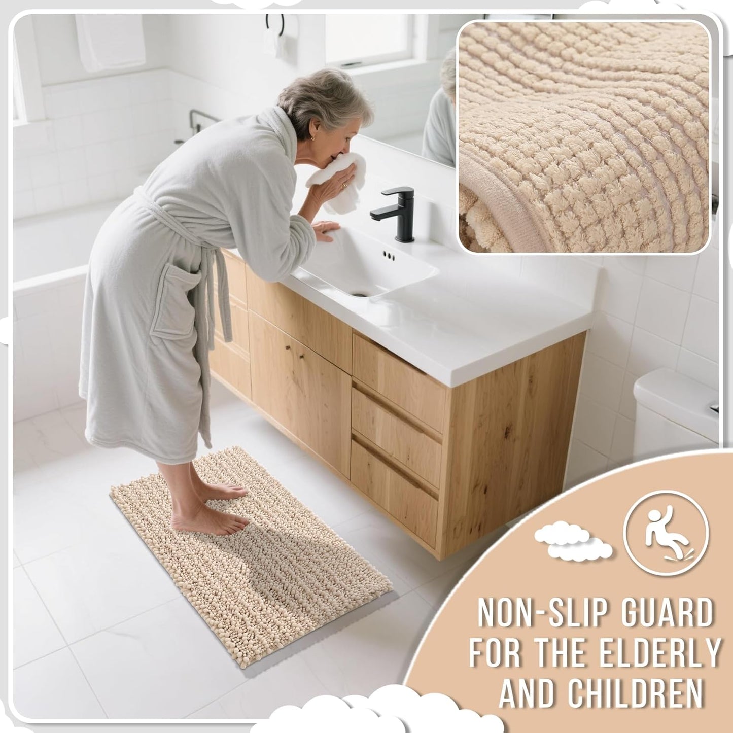 Yimobra Bathroom Runner Rug 70x24 Inch - Extra Long Non Slip Chenille Bath Mat, Soft & Absorbent, Machine Washable Shaggy Hallway Carpet for Vanity Tub Shower, Light Brown Home Decor Accessories