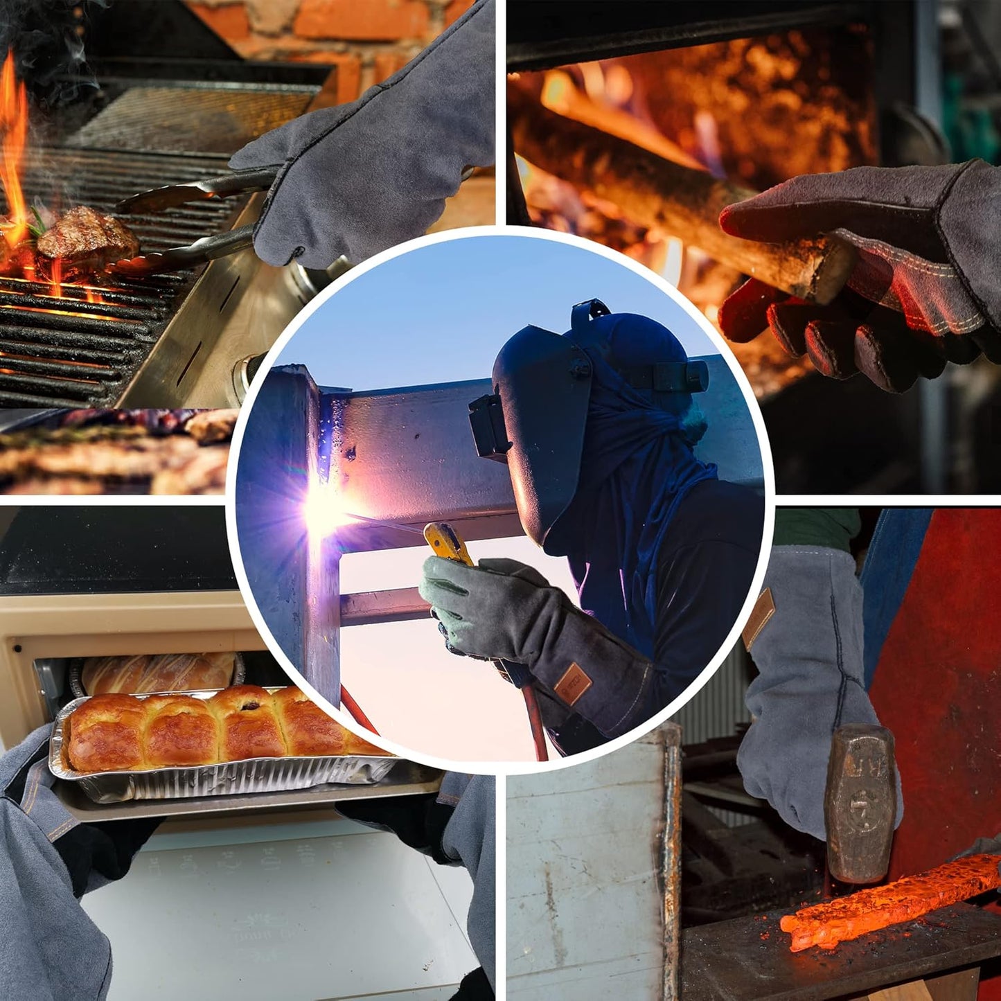 14 Inches,932℉,Leather Welding Gloves medium, Heat/Fire Resistant,Medium Mitts for BBQ,Oven,Grill,Fireplace,Tig,Mig,Forge,Baking,Furnace,Stove,Pot Holder,Animal Handling Glove.M Black-gray