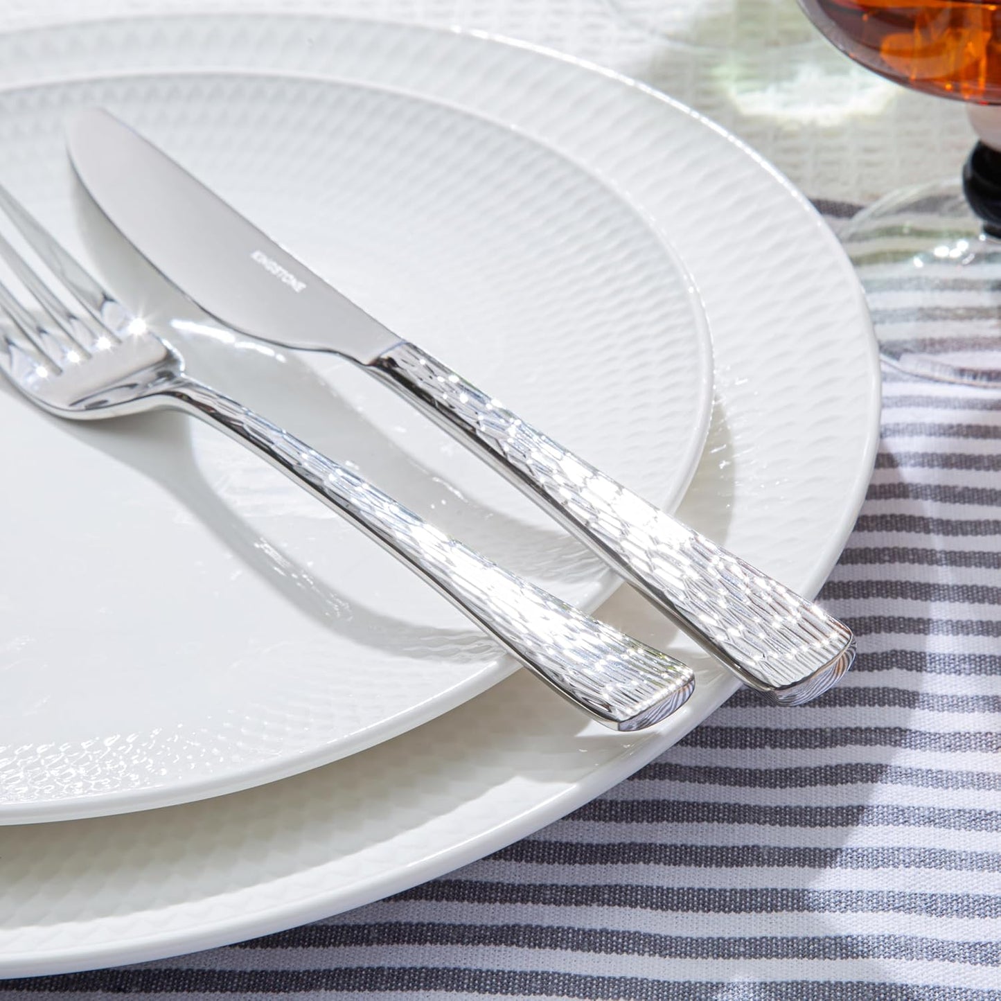 KINGSTONE Hammered Silverware Set, Flatware Set, 18/10 Stainless Steel Premium Cutlery with Unique Ripple Handles Design Mirror Polished - Dishwasher Safe (60-Piece)