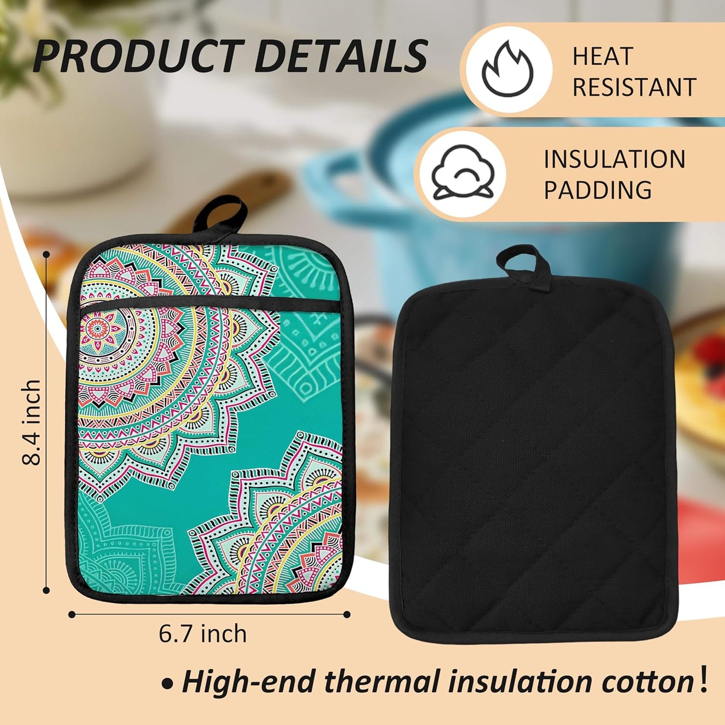 Turquoise Abstract Mandala Floral Pot Holders for Kitchen, Boho Colorful Ethnic Flower Botanical Heat Resistant Hot Pads and Oven Mitts for Baking Cooking,379 potholder