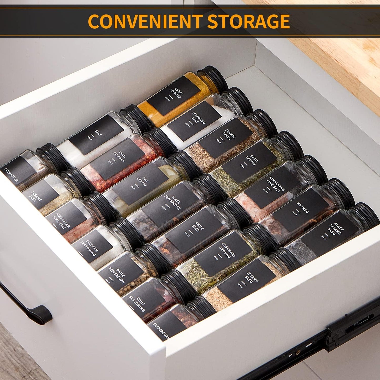 36 Pcs Spice Jars with Label- Glass Spice Jars with Black Metal Caps,Shaker Lids, Funnel, Chalk Pen, Brush,Cleaning Cloth 4oz Seasoning Containers Bottles for Spice Rack, Cabinet, Drawer