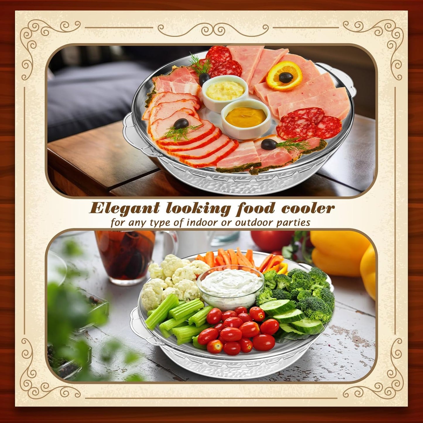 Baderke 1 Set 11.8" Chilled Serving Tray for Parties with Compartments Ice Chilled Party Platter Charcuterie Serving Board Cold Dish Dip for Fruit Seafood Vegetable Shrimp Cocktail (Natural)