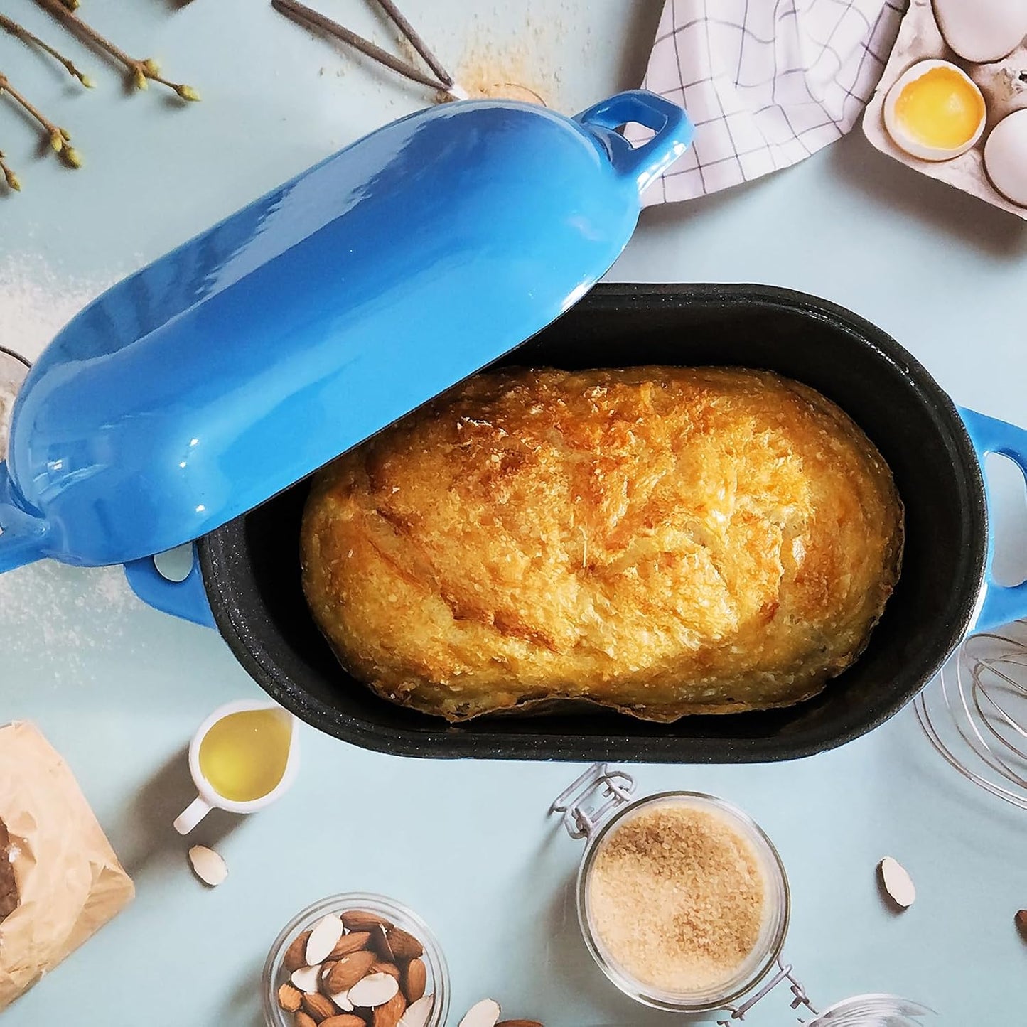 Dutch Oven Enameled Cast Iron Bread Pan with Lid Sourdough Loaf Pans for Baking Bread Large Heavy Oval Bread Dutch Oven with Movable Handle 4 Qt Blue Dishwasher Safe
