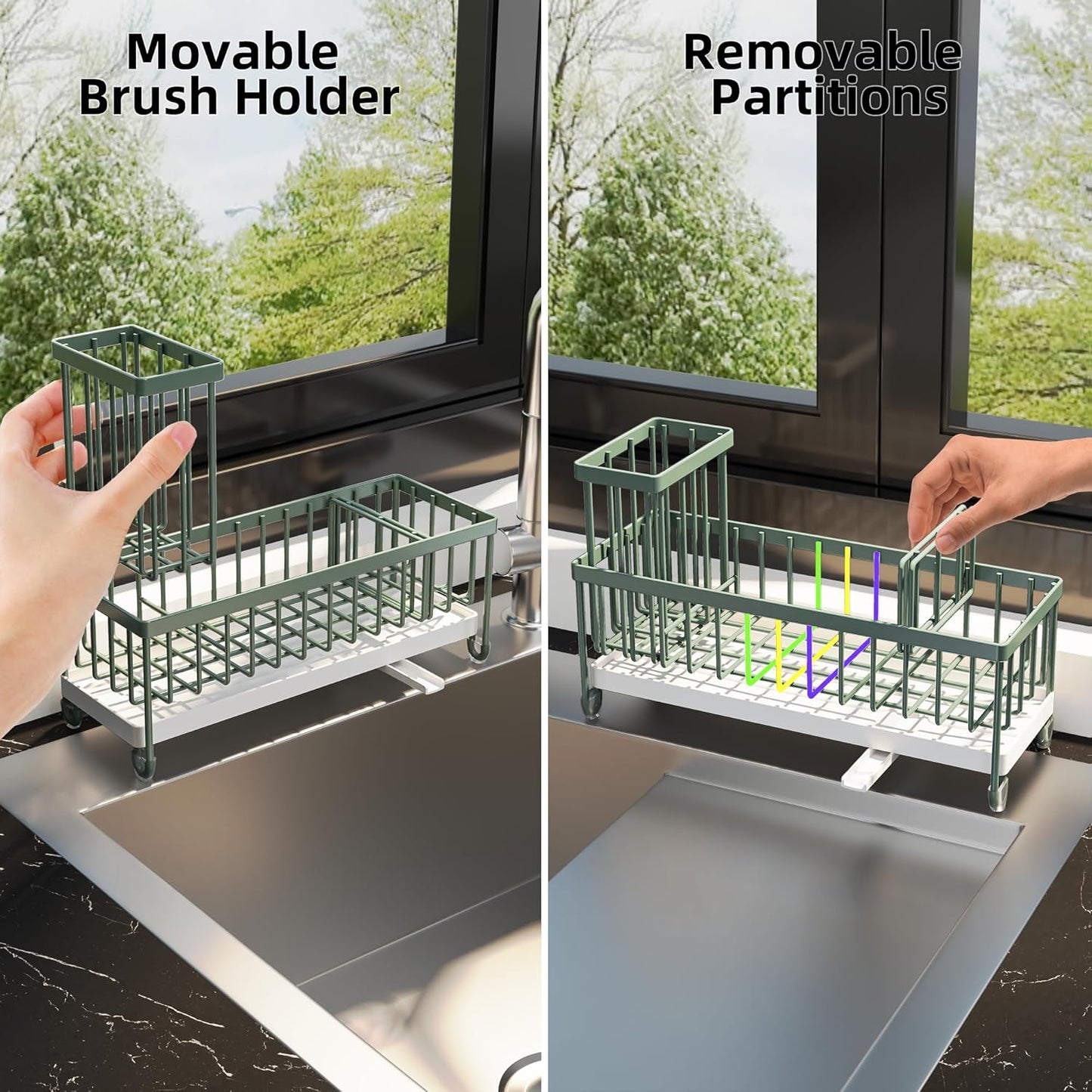 Moforoco Extra Large Sponge Holder for Kitchen Sink Organizer Caddy, Dish Brush Scrubber Holder,Stainless Steel Sink Box Utensil Holder,Soap Dispenser Set Tray Counter Accessories(Sage Green )