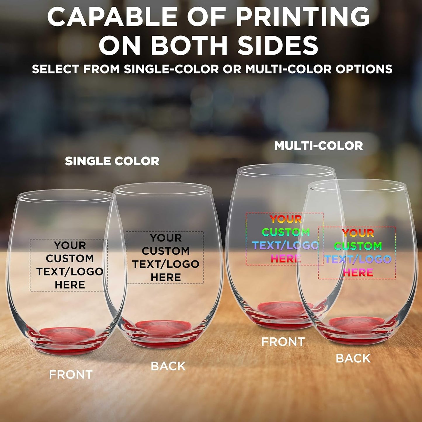 Custom Stemless Wine Glasses in Bulk by ARC Perfection, 15 oz, 100 pack, Personalized Text, Logo, Red or White Wine Glass Set, Red