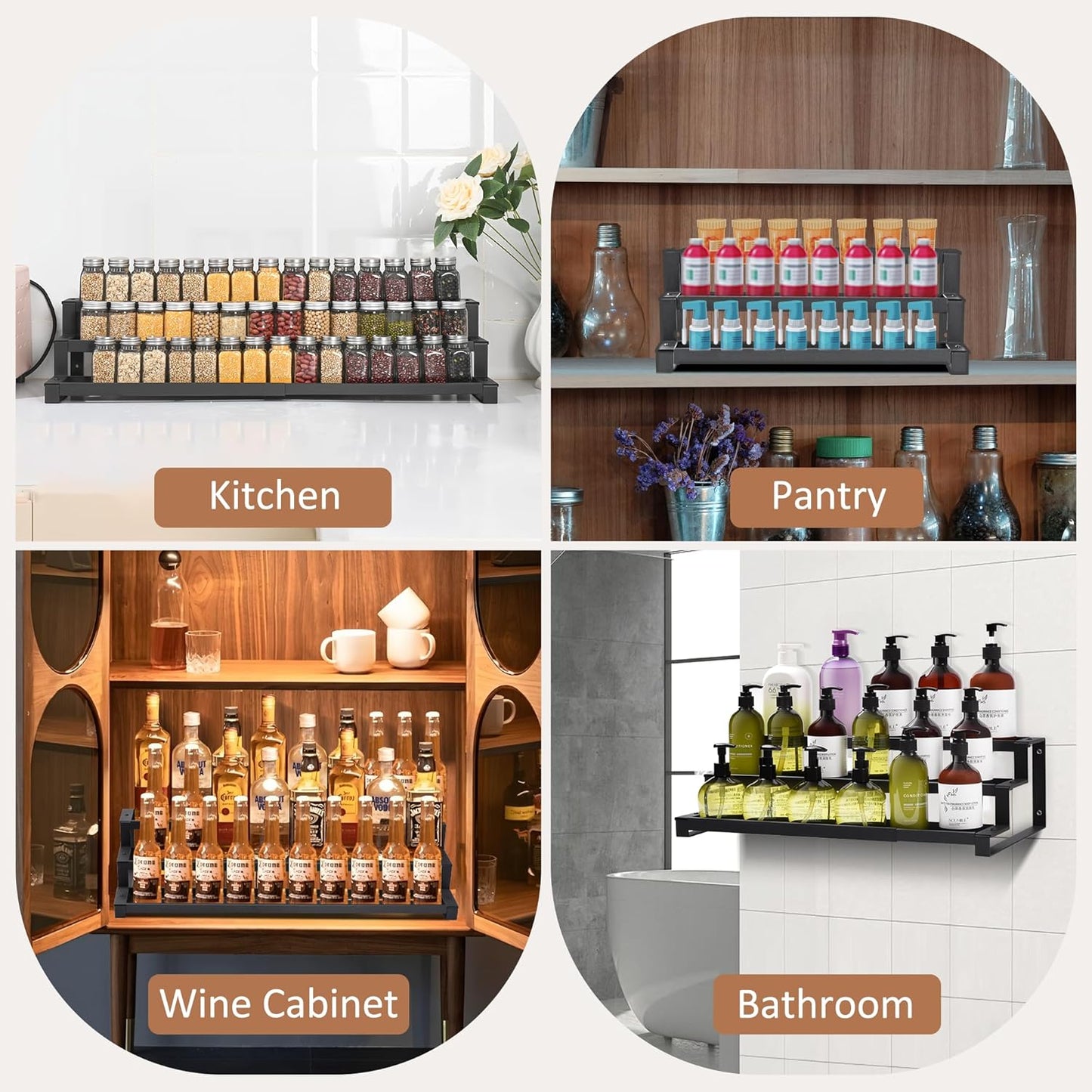 GOENDR Expandable Spice Rack Organizer for Cabinet, 3 Tier Metal Spice Organization,16"-29.5" Wide Adjustable Seasoning Organizer, Display Shelf, Canned Goods Organizer for Pantry Kitchen Countertop