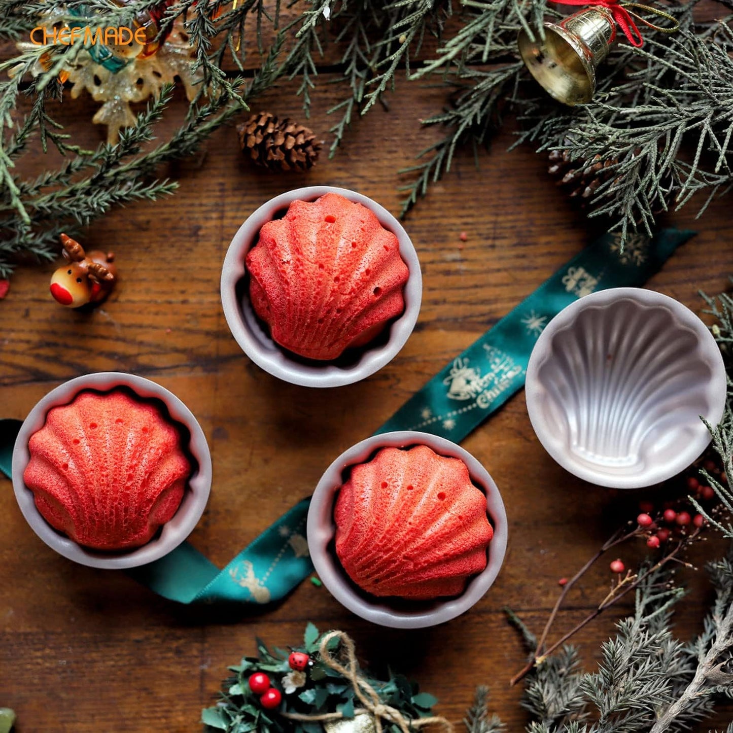 CHEFMADE Mini Madeleine Cake Pan Set, 3-Inch 4Pcs Non-Stick Spherical Shell Madeline Bakeware for Oven and Instant Pot Baking (Champagne Gold)