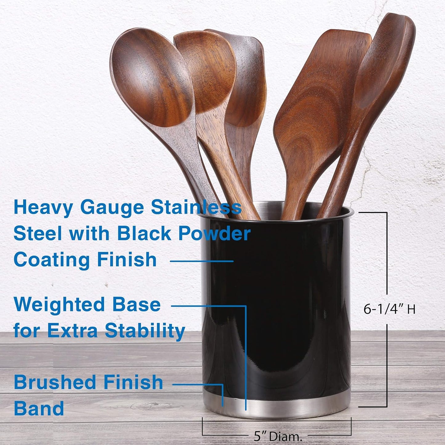 Creative Home Stainless Steel Utensil Holder– 6.3" Large Cooking Tool Organizer for Kitchen Decor and Countertop Storage, Stable Anti-Tip Design, Durable Powder-Coated Finish, Black