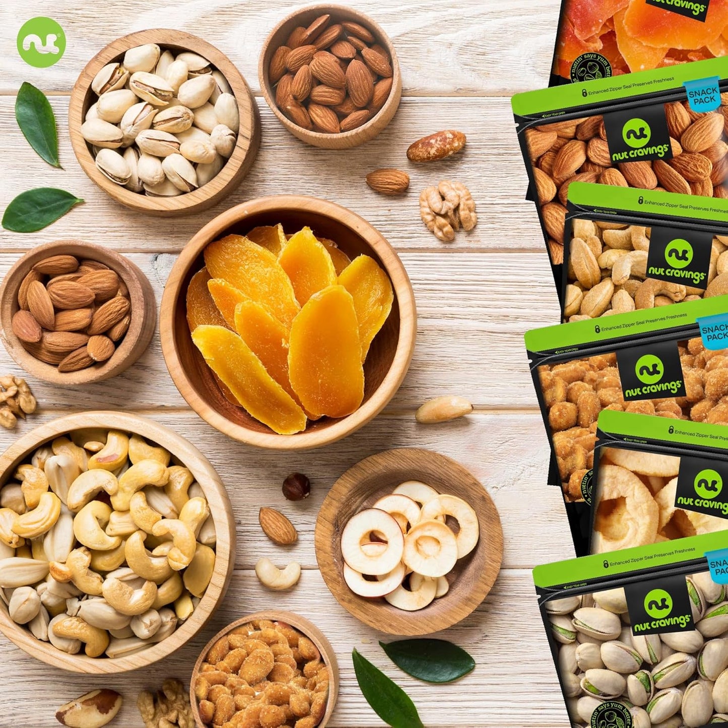 NUT CRAVINGS - Dried Fruit & Mixed Nuts Basket in Green Box (9 Assortments of 4 oz, 2.25 lb) Food Arrangement, Healthy Snack Care Package, Food Assortments