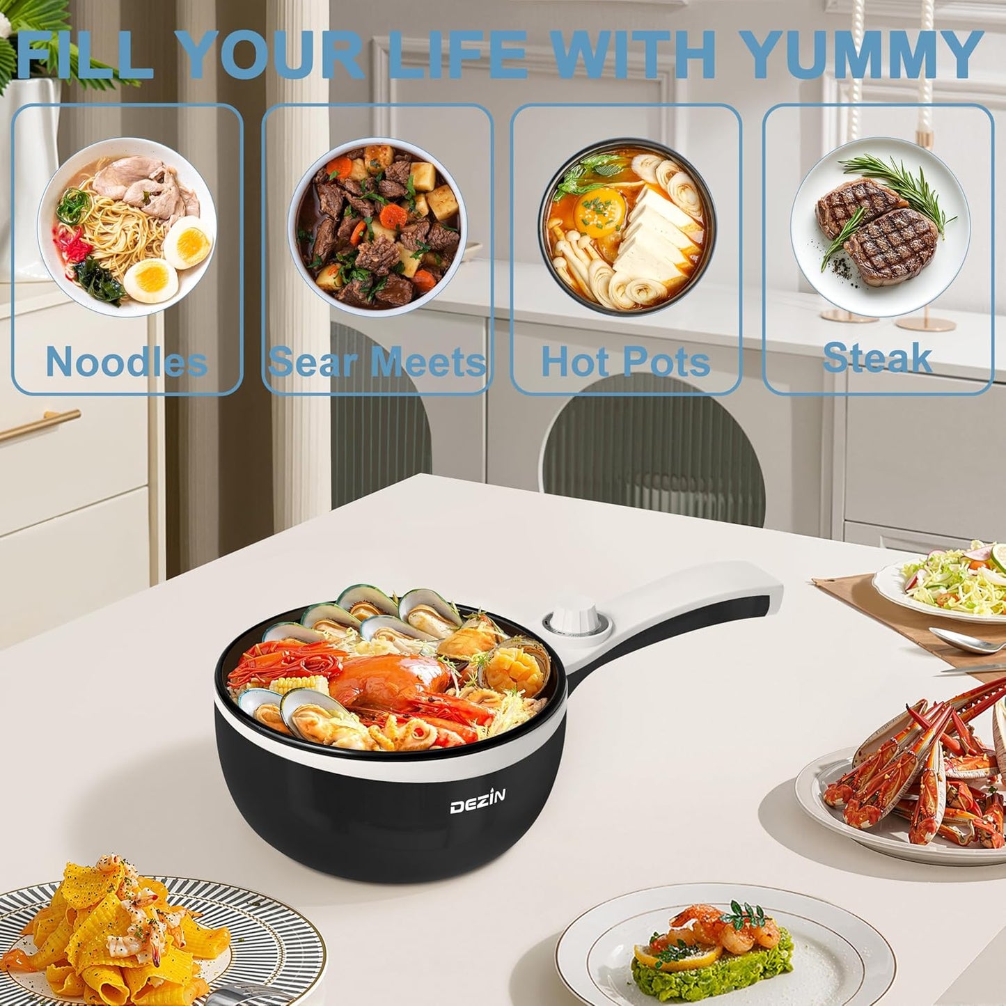 Dezin Hot Pot Electric Upgraded, Non-Stick Sauté Pan, Rapid Noodles Electric Pot, 1.5L Mini Portable Hot Pot for Steak, Egg, Fried Rice, Ramen, Oatmeal, Soup with Power Adjustment