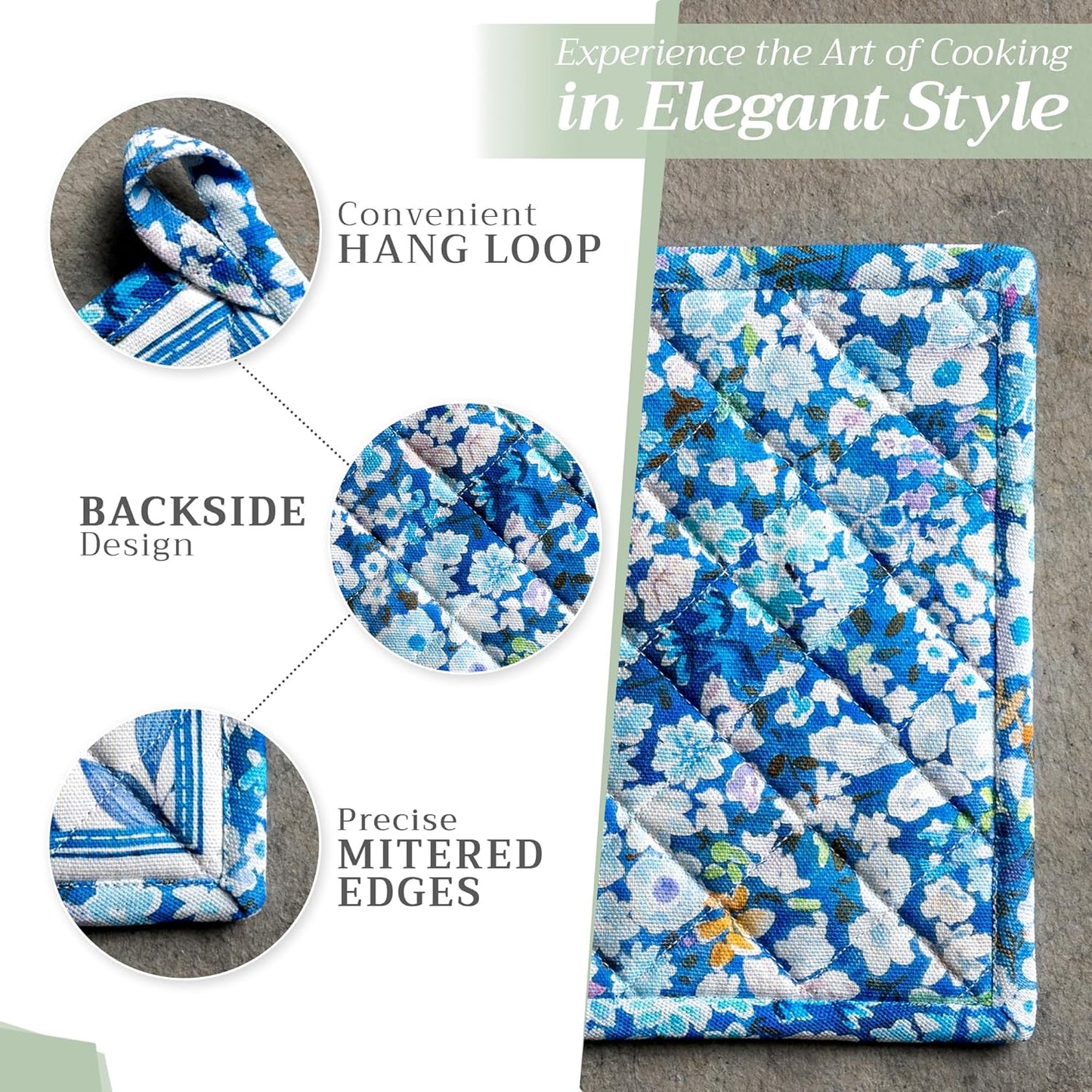 Maison d' Hermine 100% Cotton Oven Mitt & Pot Holder Set (7.5"x13" & 8"x8") Heat Resistant BBQ Cooking Gloves with Loop, Baking, Grilling, Kitchen, Handling Hot Pans Spring/Summer (Summer Blues)