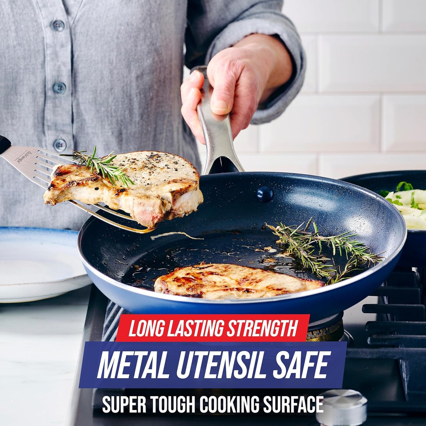 Blue Diamond Frying Pan 8” Skillet, Diamond Infused Healthy Ceramic Nonstick, PFAS and PFOA-Free, Dishwasher and Oven Safe, Even Heating, Metal Utensil Safe, Warp Control Base, Blue (Pack of 4)