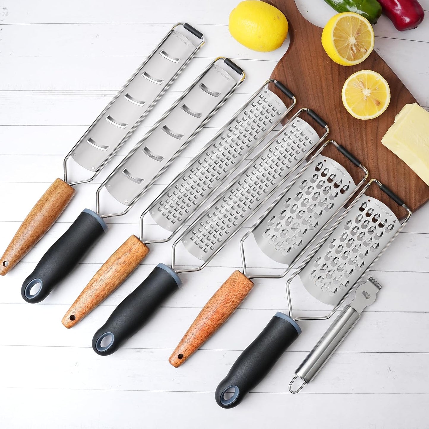 ALLWIN-HOUSEWARE Cheese Grater Zester Set of 5, 304 Stainless Steel with TPE Handle Kitchen Grater & Peeler & Slicer for Cheese, Lemon, Ginger, Garlic, Nutmeg, Fruits, Vegetables, Chocolate