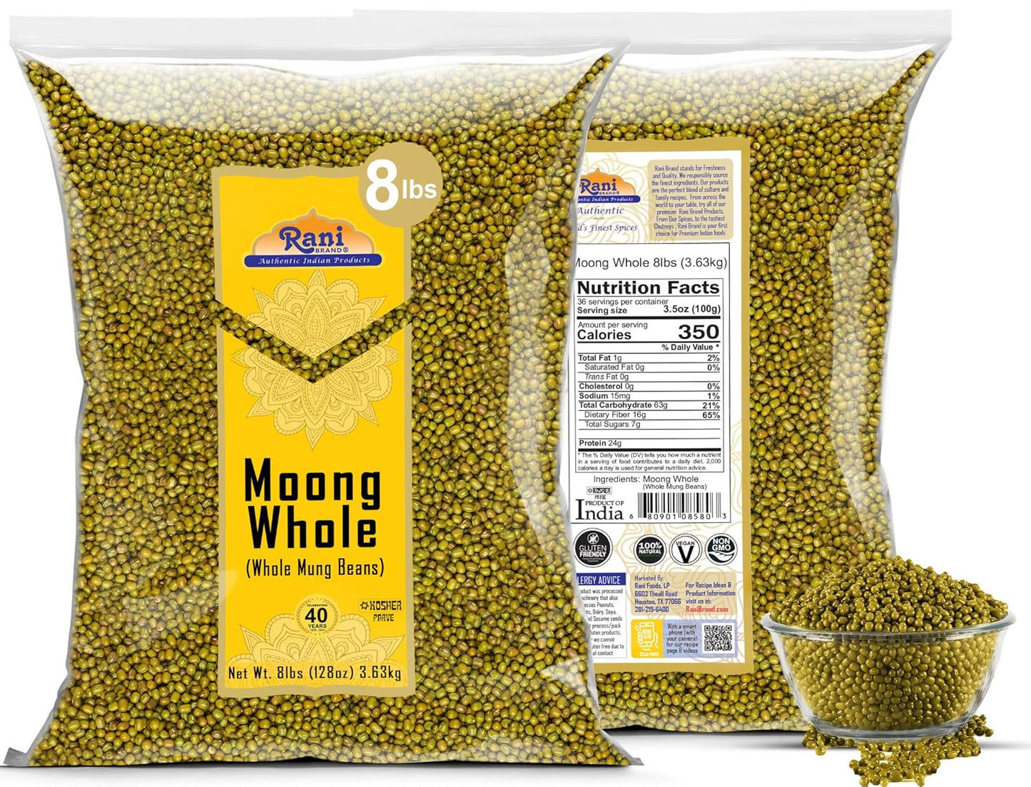 Rani Moong Whole (Ideal for Cooking & Sprouting, Whole Mung Beans w/Skin) Lentils Indian 128oz (8lbs) x Pack of 5 (Total 40lbs) Bulk ~ All Natural | Gluten Friendly | Non-GMO | Vegan | Indian Origin