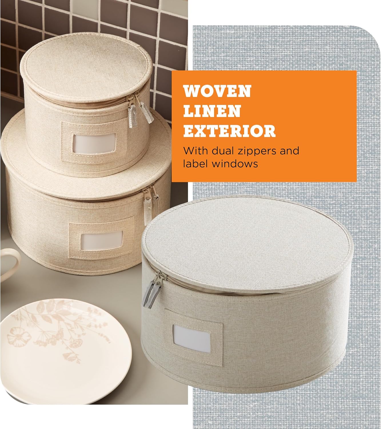 storageLAB China Storage Containers, Hard Shell Case with Felt Dividers for Charger Plates, and Dishes, Ideal for Kitchen Organization, Moving Supplies, and Fine China Storage - 4-Piece Set, Cream