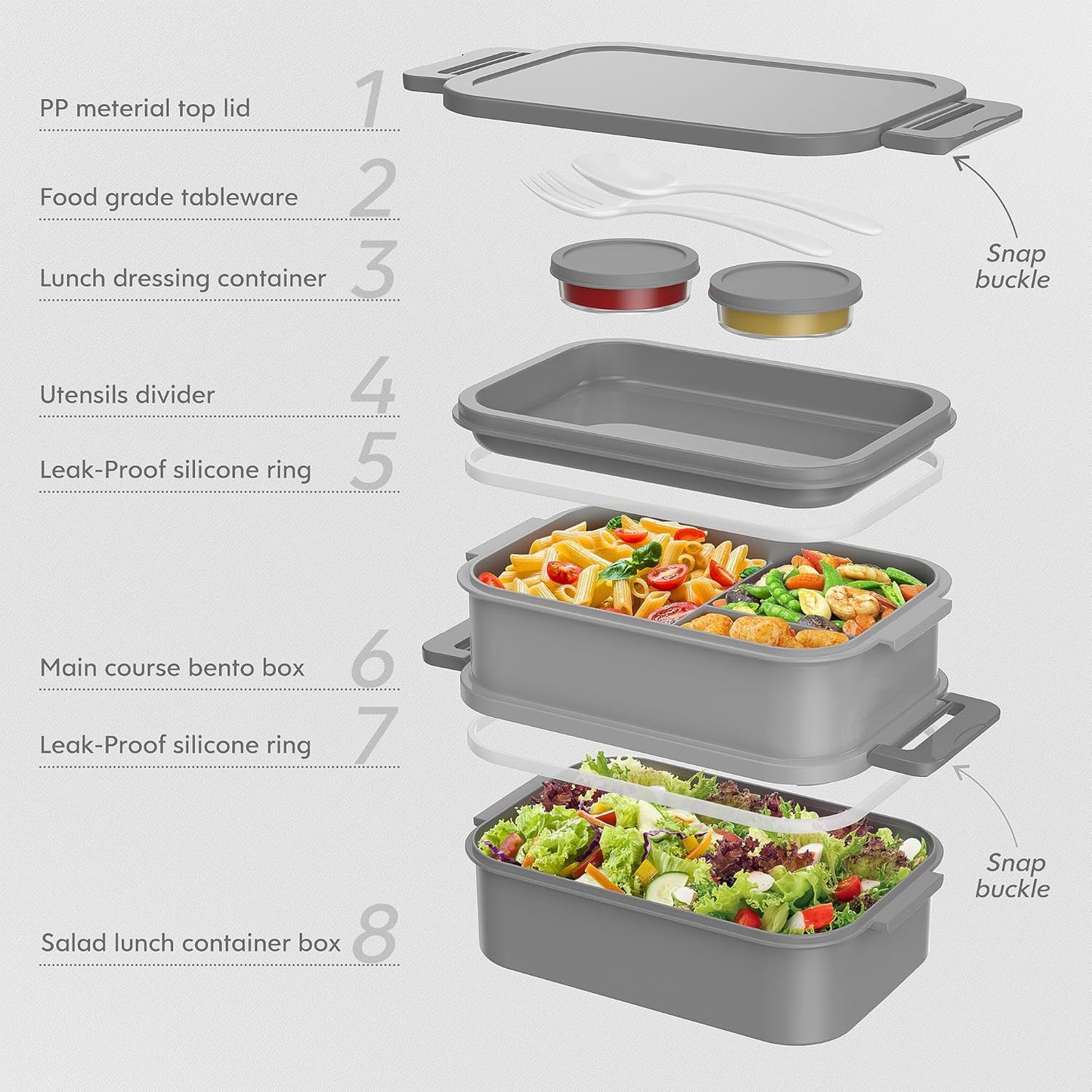 Jelife Adult Bento Box Lunch Box - 3 Layers Stackable Bento Lunch Box for Adults, 72oz Large-Style All-in-One Bento Boxes Leak-Proof Lunchbox with Utensil Sauce Containers for Dining Out,Work, Grey