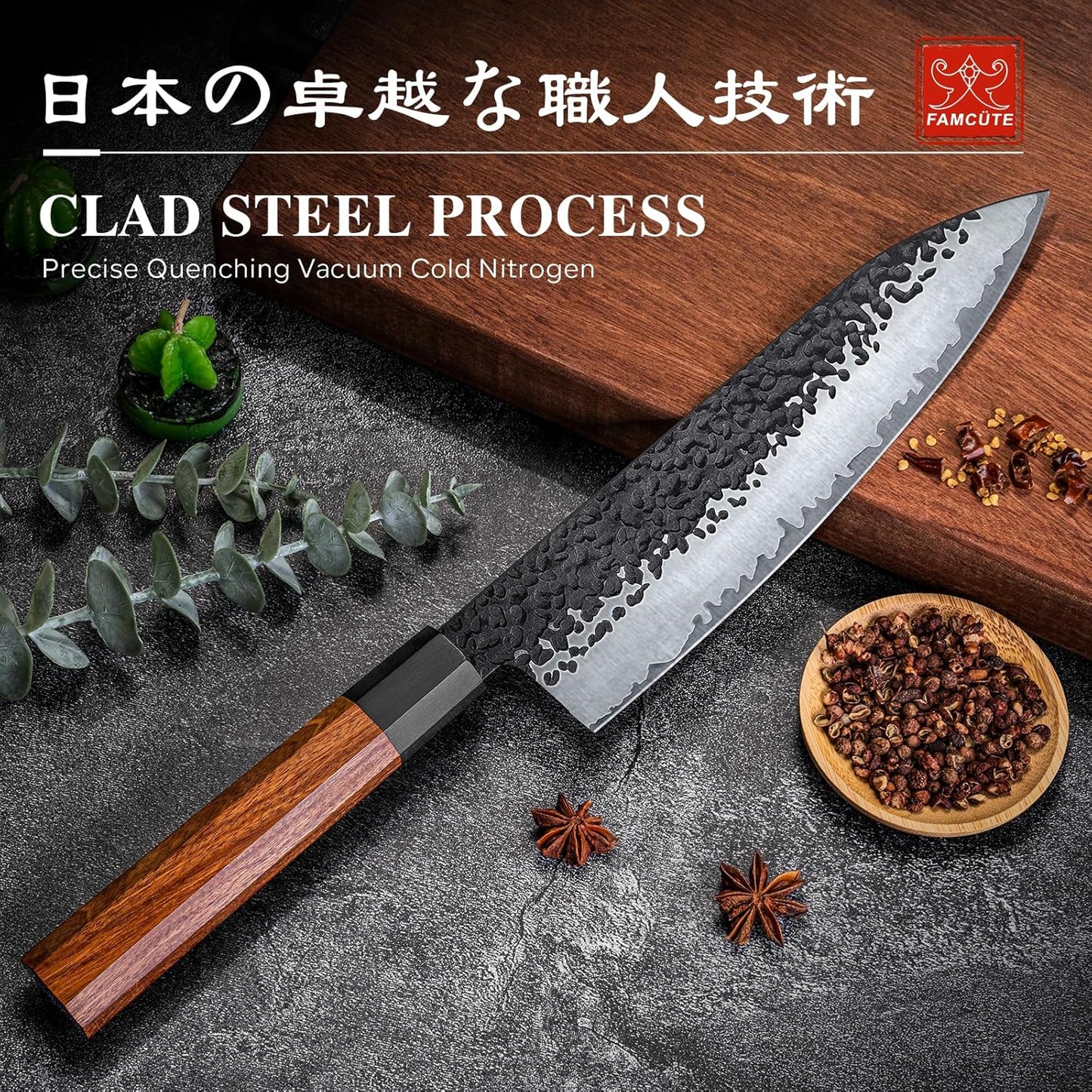 Customize Japanese Knife, Hand Forged 8 inch Chef Knife - High Carbon Steel 5 Layers 9CR18MOV Japanese Chefs Knife - Wood Handle Customizable Patterns and Copywriting Kitchen Knife for Gift
