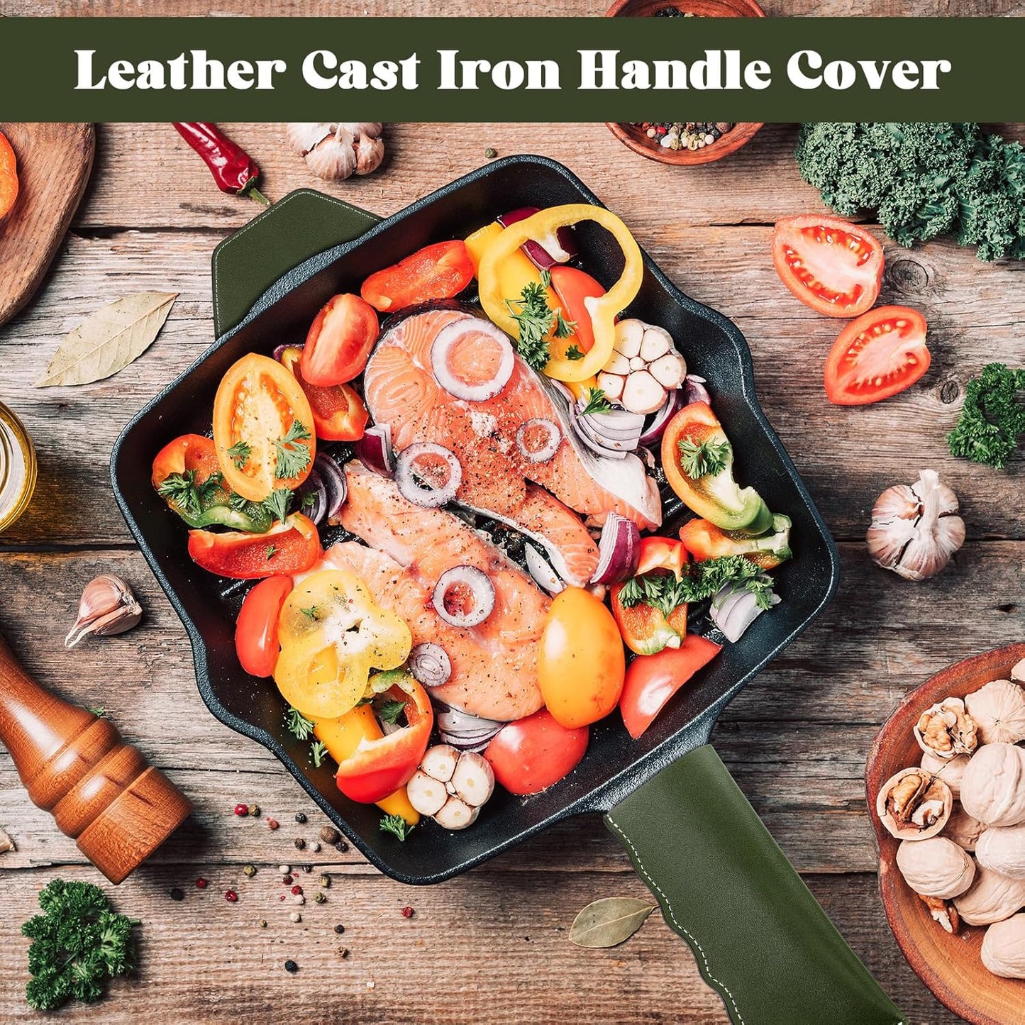 Baderke 4 Pcs Leather Cast Iron Handle Cover Handmade Leather Heat Resistant Skillet Handle Set Pot Holder for Hot Frying Pans, Pots(Army Green)