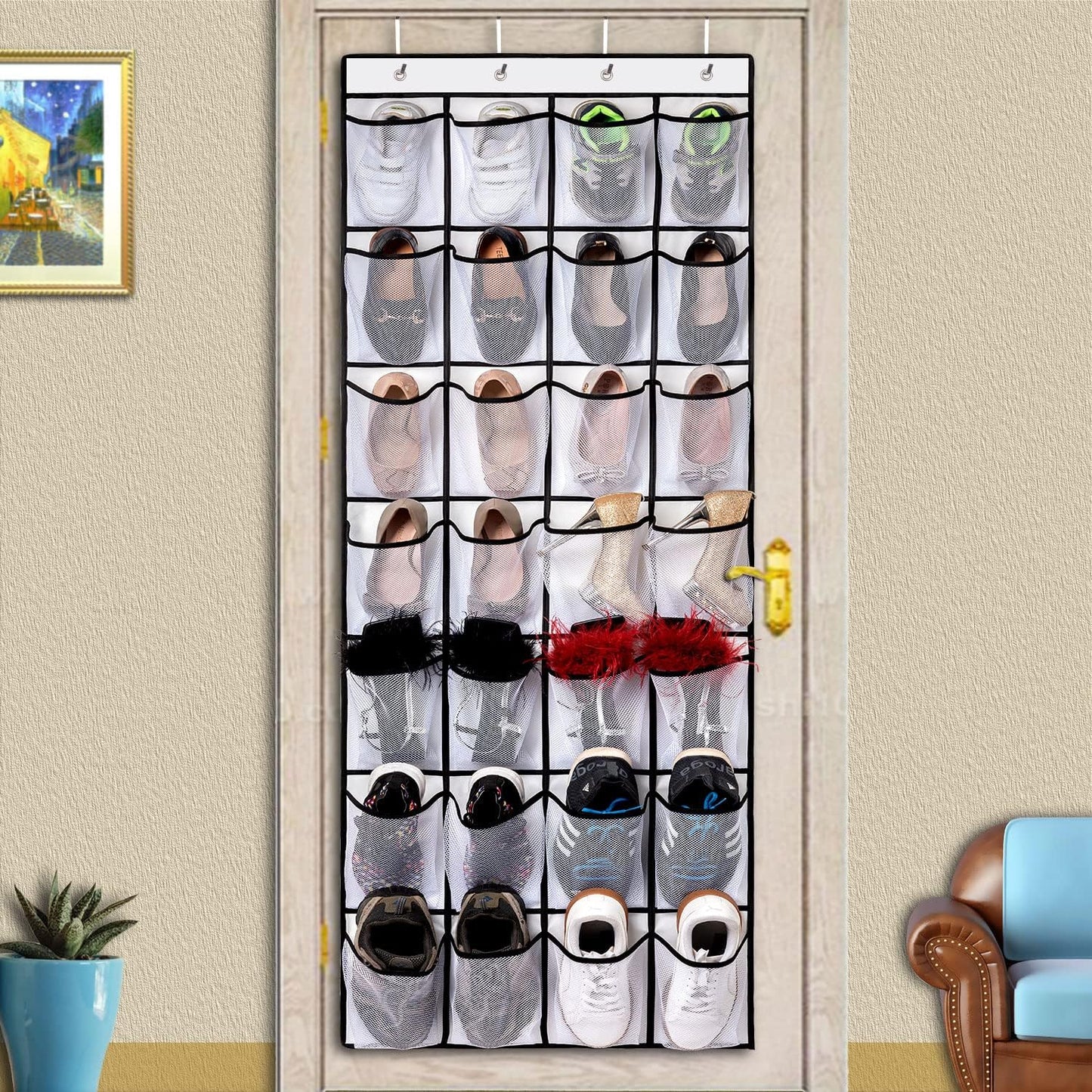 REGELETO 28 Large Pocket Over the Door Shoe Organzier, Hanging Shoe Rack for Door Large Capacity Shoe Organizer Holder with 4 Metal Hooks.
