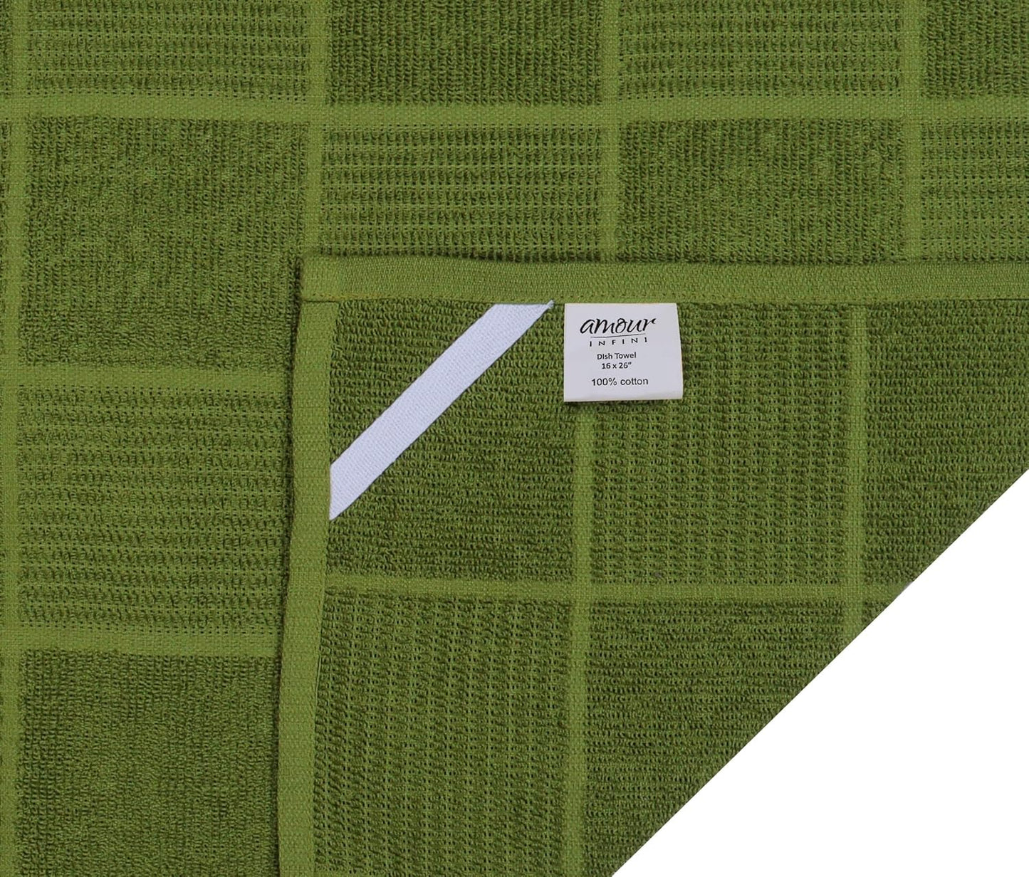 AMOUR INFINI Kitchen Towels Pack of 4 Absorbent, Quick Drying Premium Terry Cotton Dish Towel with Hanging Loop 16x28 Inch Hand & Tea Towels (Green)