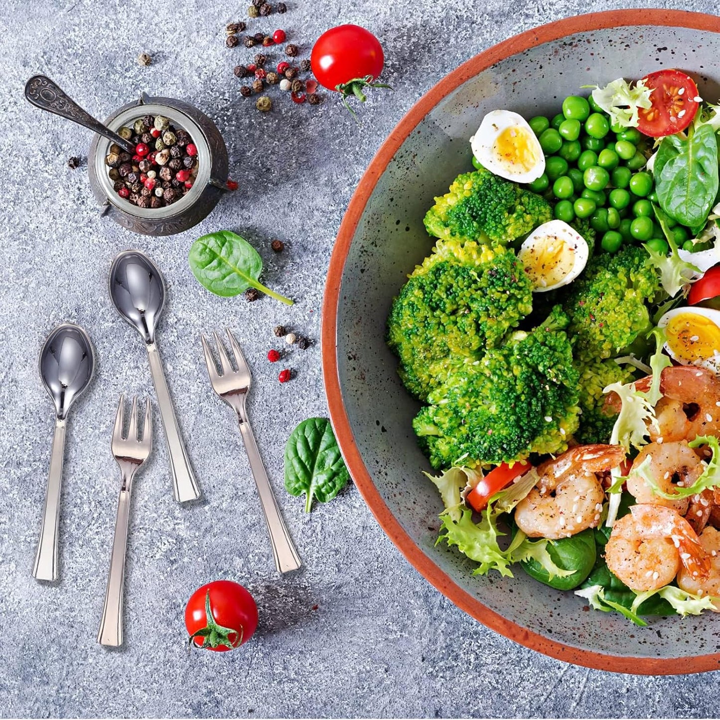 Yinkin 300 Pieces Plastic Mini Appetizer Spoon 4.53 Inch Stainless Steel Finished Silver Disposable Silverware Heavy Duty Plastic Tasting Dessert Forks for Party Wedding Catering