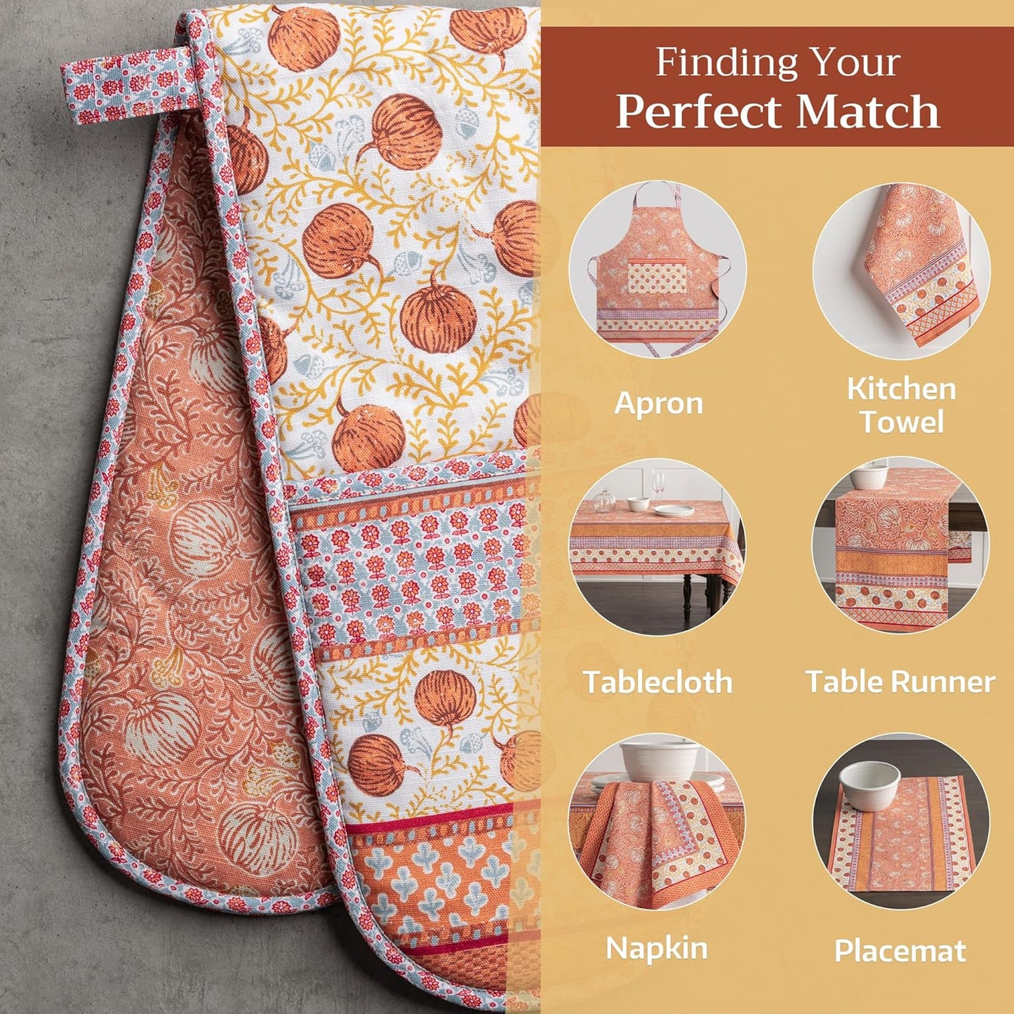 Maison d' Hermine Double Oven Mitts 100% Cotton 7"x35" Double Oven Mitt Heat Resistant BBQ Cooking Gloves with Loop, Baking, Grilling, Home, Kitchen, Handling Hot Pans (Harvest Festival)